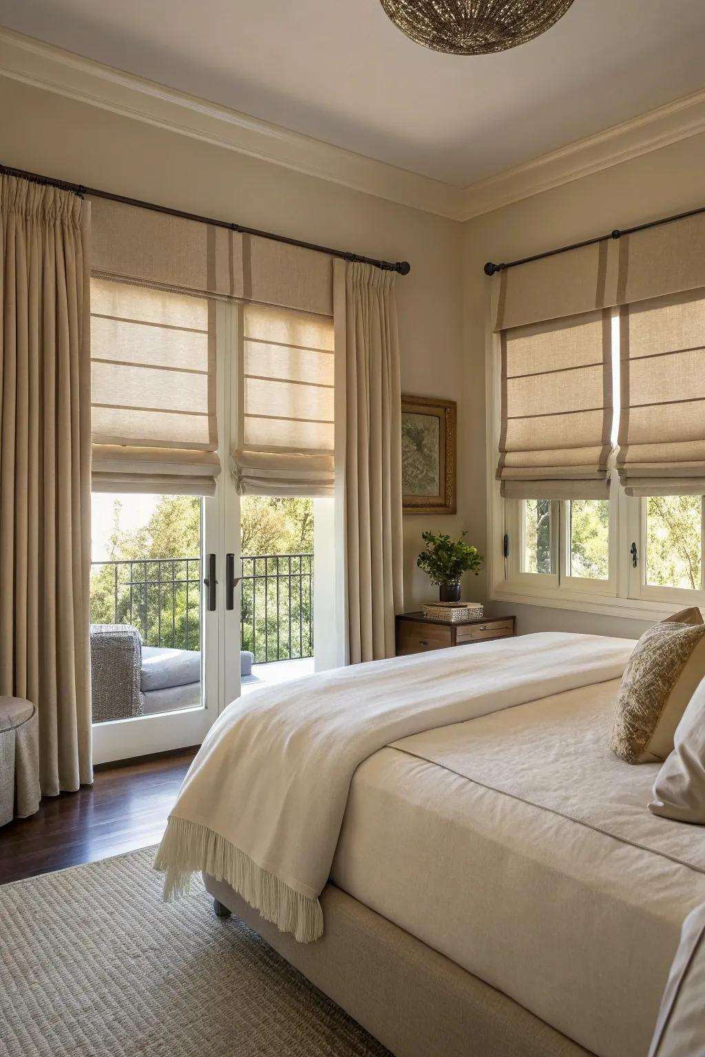 Roman shades add a refined and polished look to any bedroom.