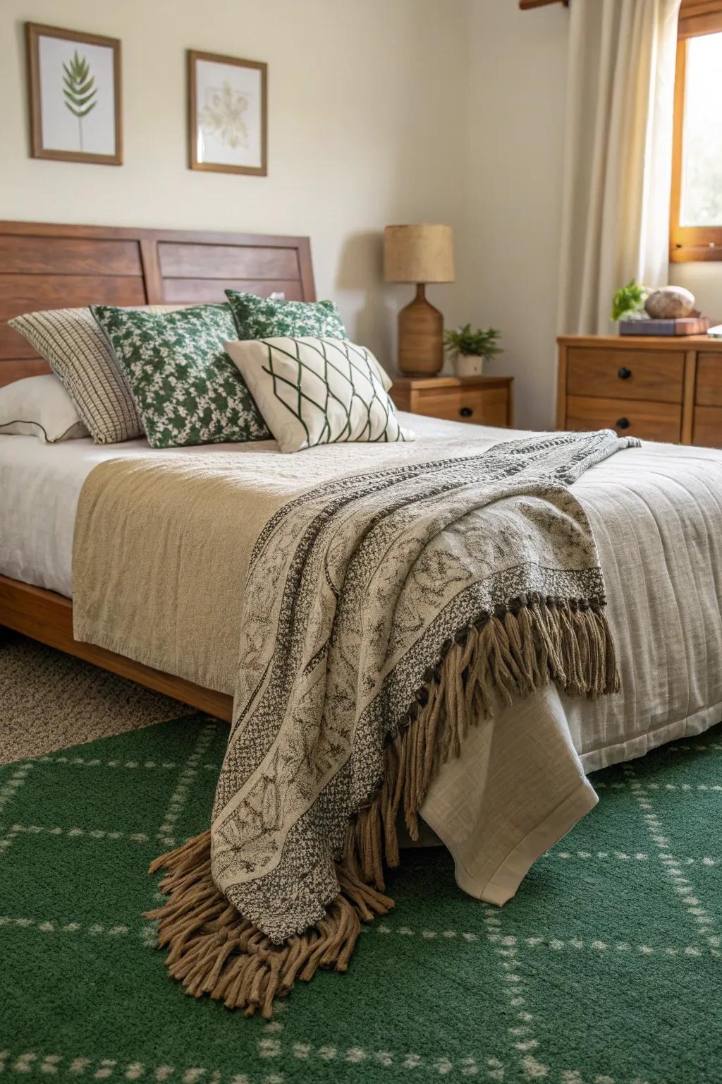 Layered textures in bedding complement the green carpet, adding depth and interest.