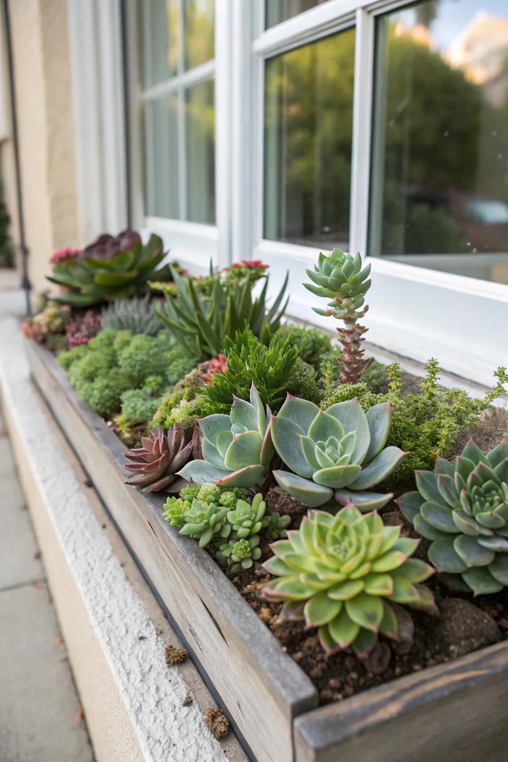 Succulents bring a modern edge to window box design.