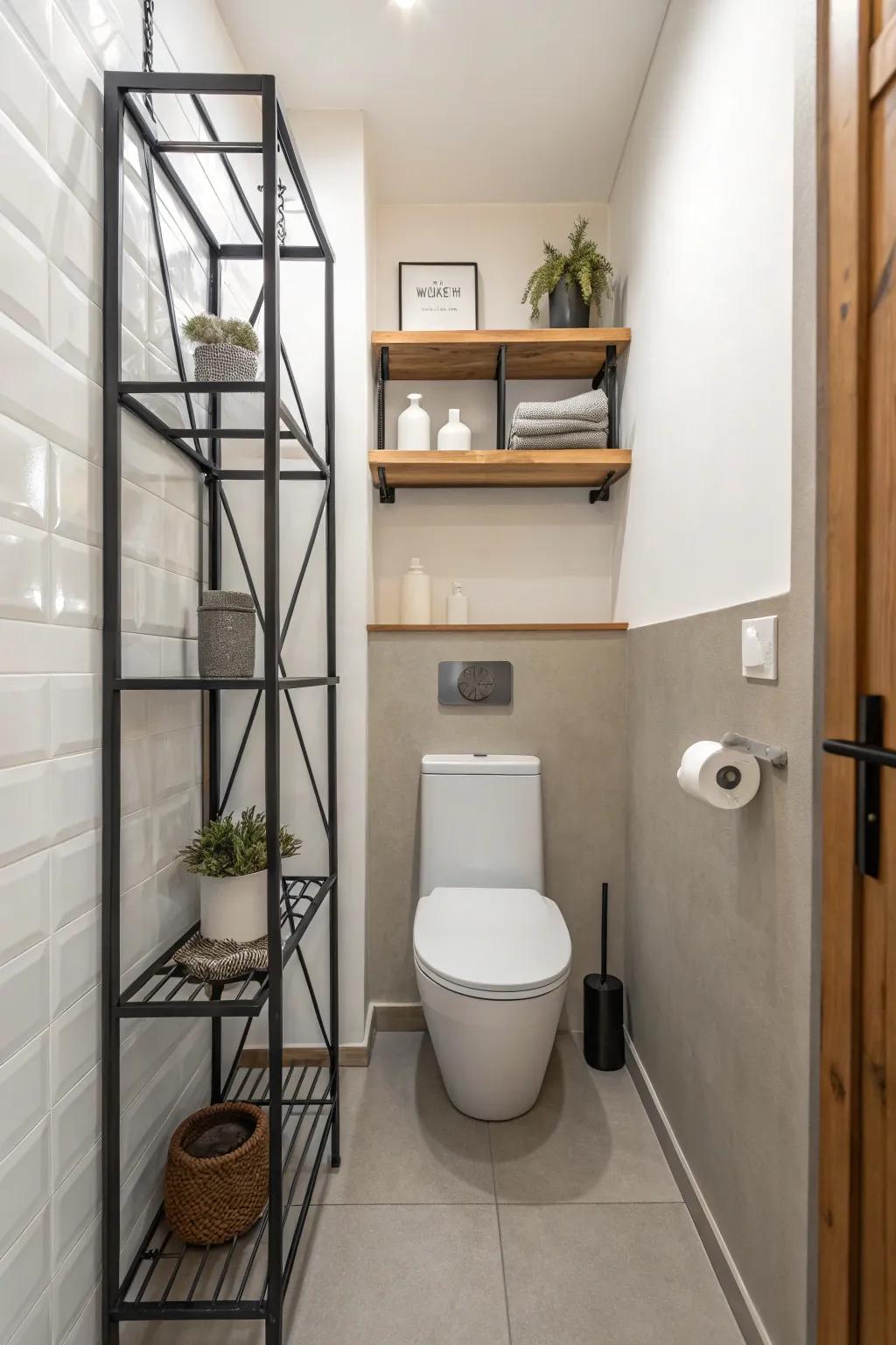 Metal shelving adds a sleek, industrial edge to bathroom storage.