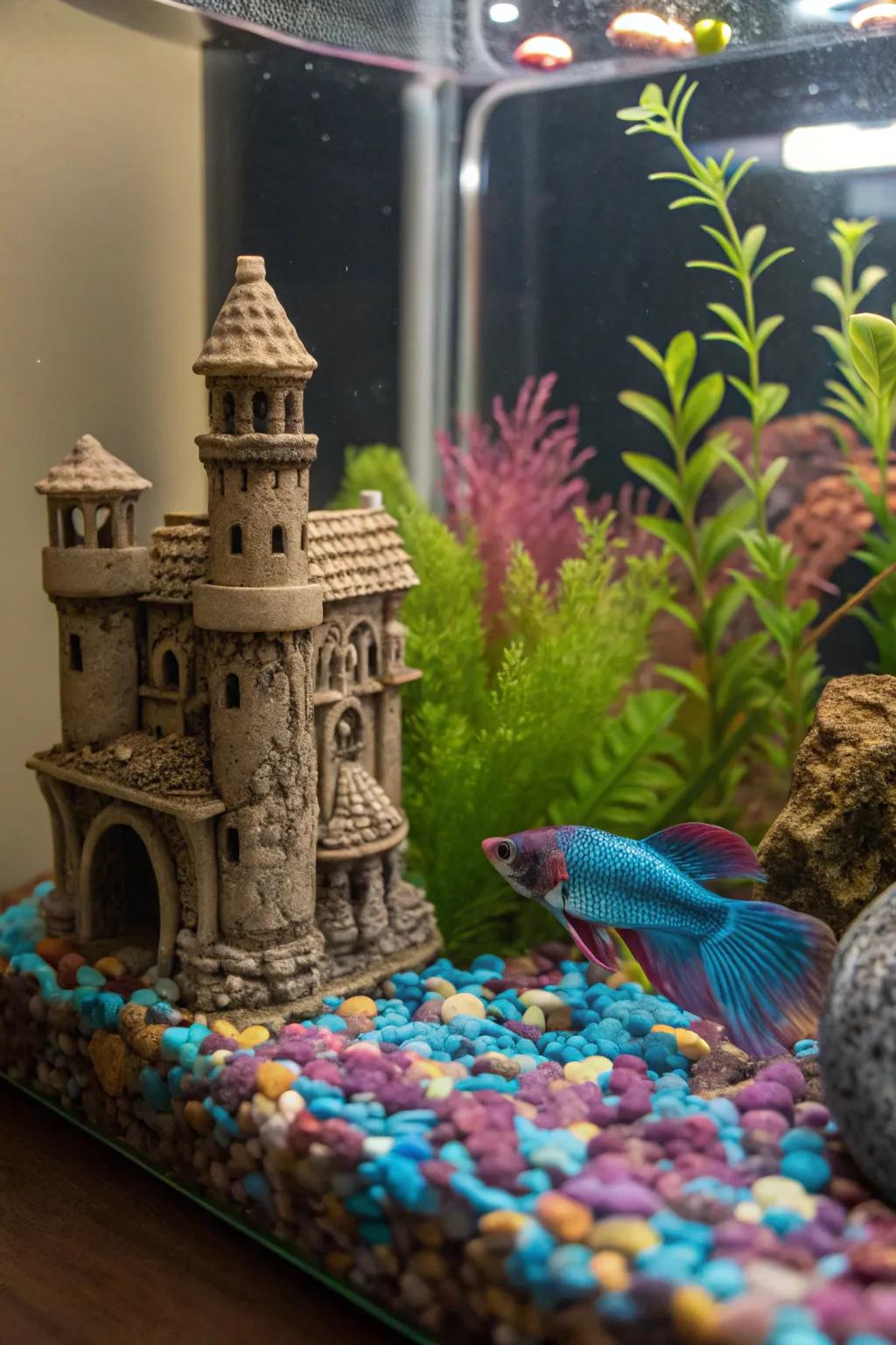 A whimsical wonderland for your betta with thematic decorations.