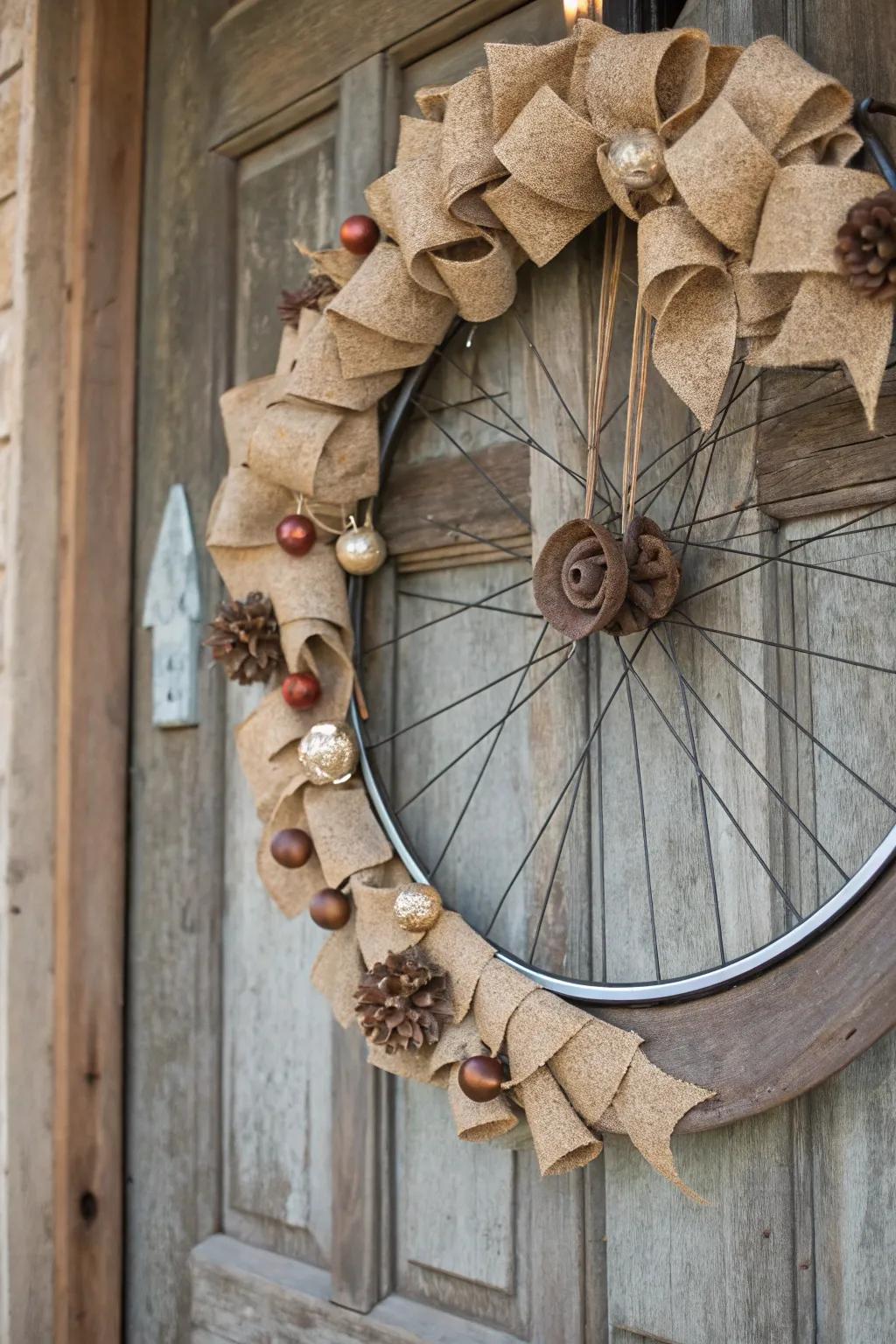 A charming rustic bicycle wreath with burlap and wood accents.