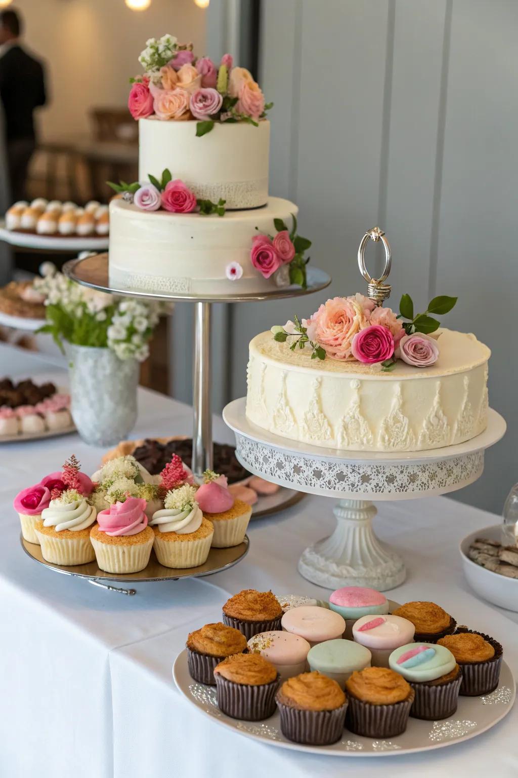 A decorative cake display with a variety of sweet treats on a stylish table.