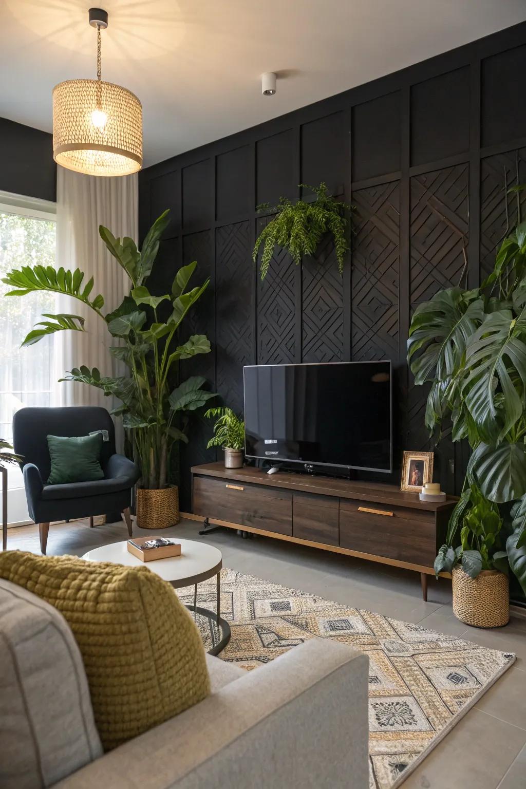 Greenery adds a refreshing contrast to a black accent wall.