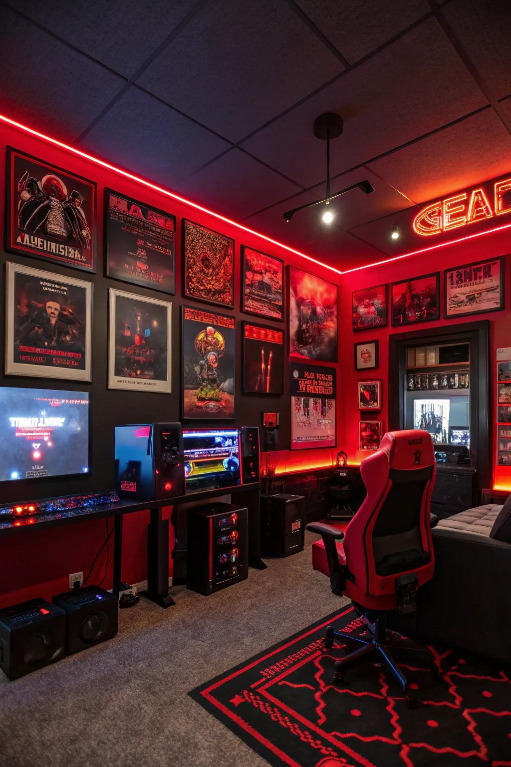 Gaming-themed wall art in red and black creates a personalized touch in the setup.