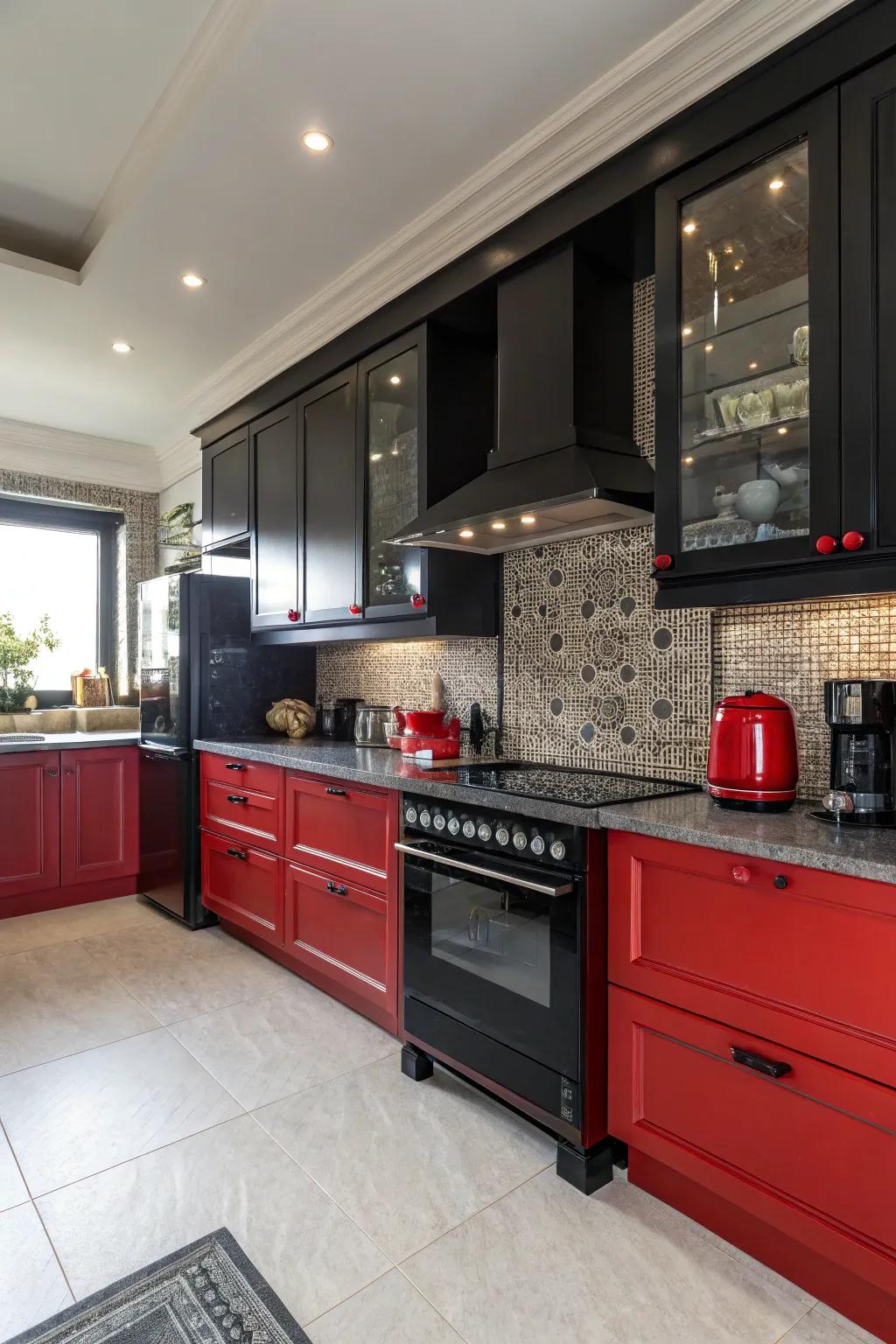 Bold red appliances make a striking statement against black cabinetry.