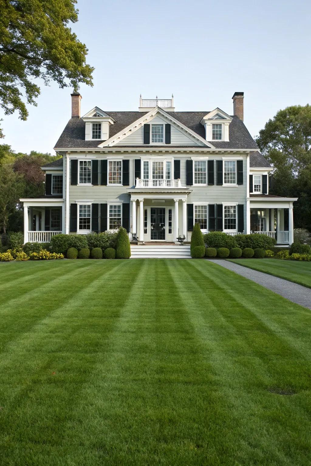 A Colonial-style home with symmetrical black and white detailing.