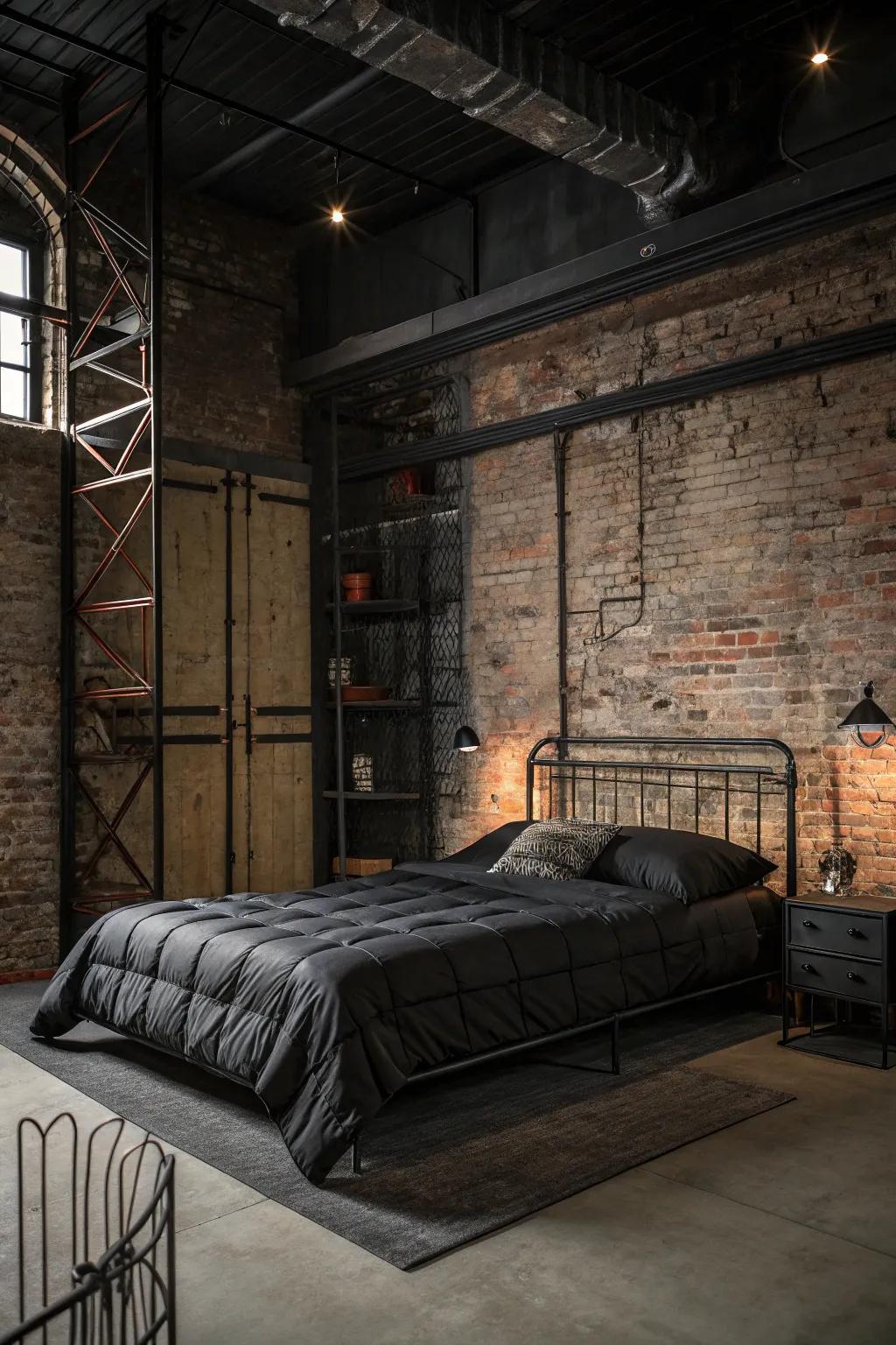 An industrial-style bedroom with a bold black comforter centerpiece.