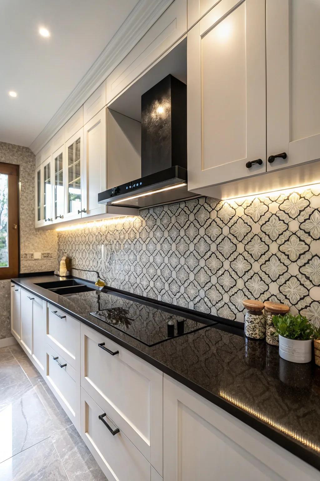 A unique backsplash paired with black countertops for added texture.