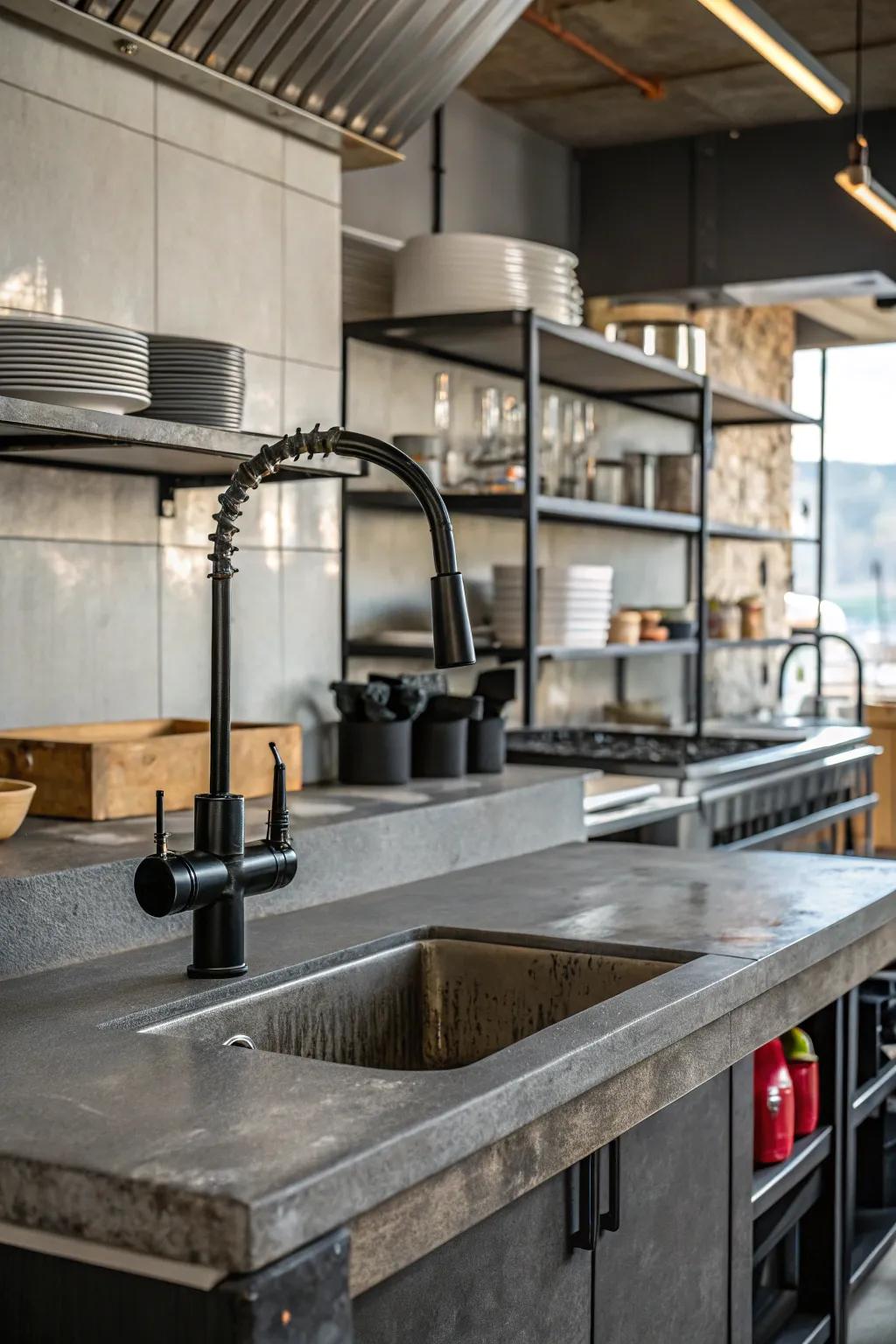 Industrial elements paired with a black faucet create a bold kitchen statement.