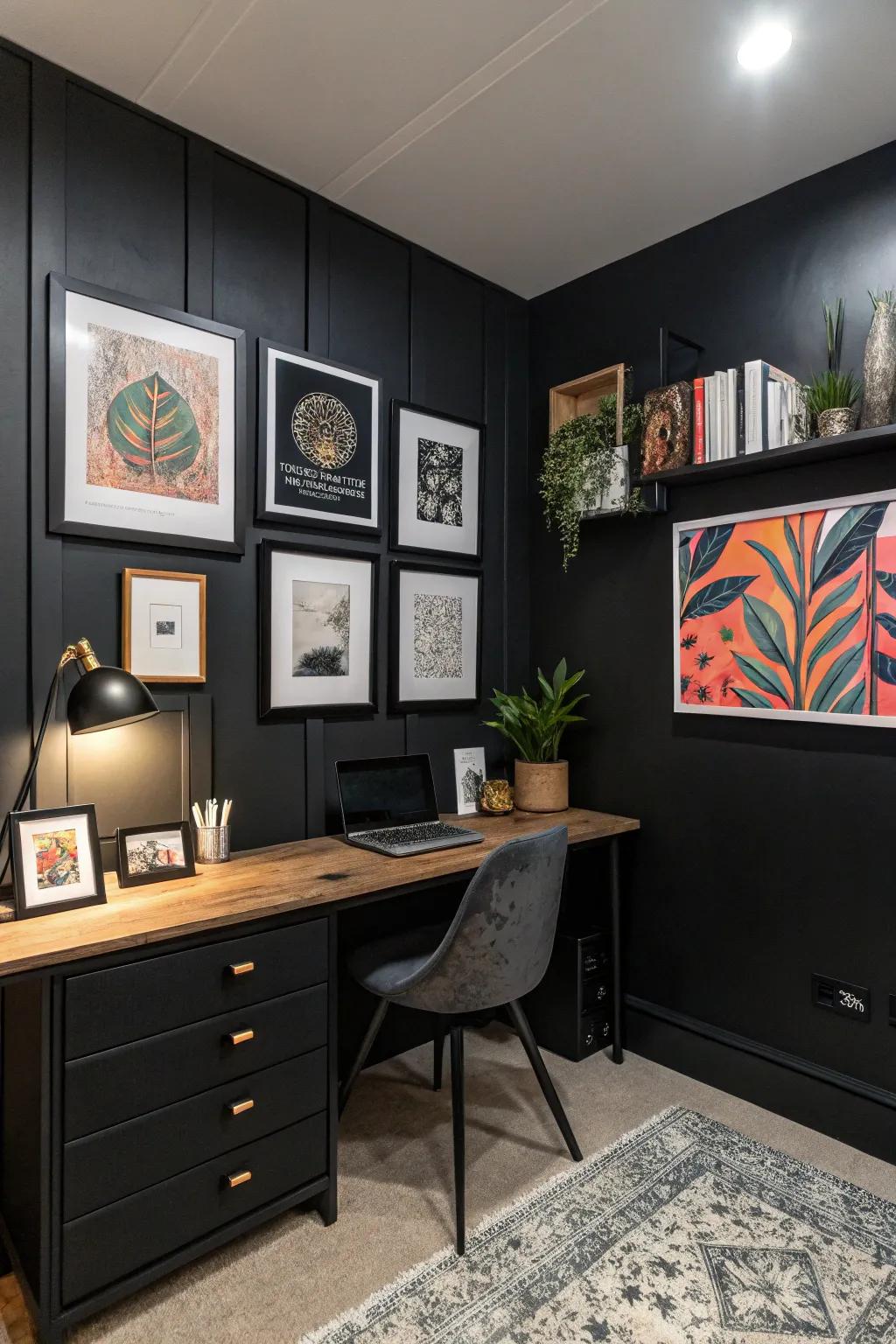 Artwork brings individuality and inspiration to a black office.