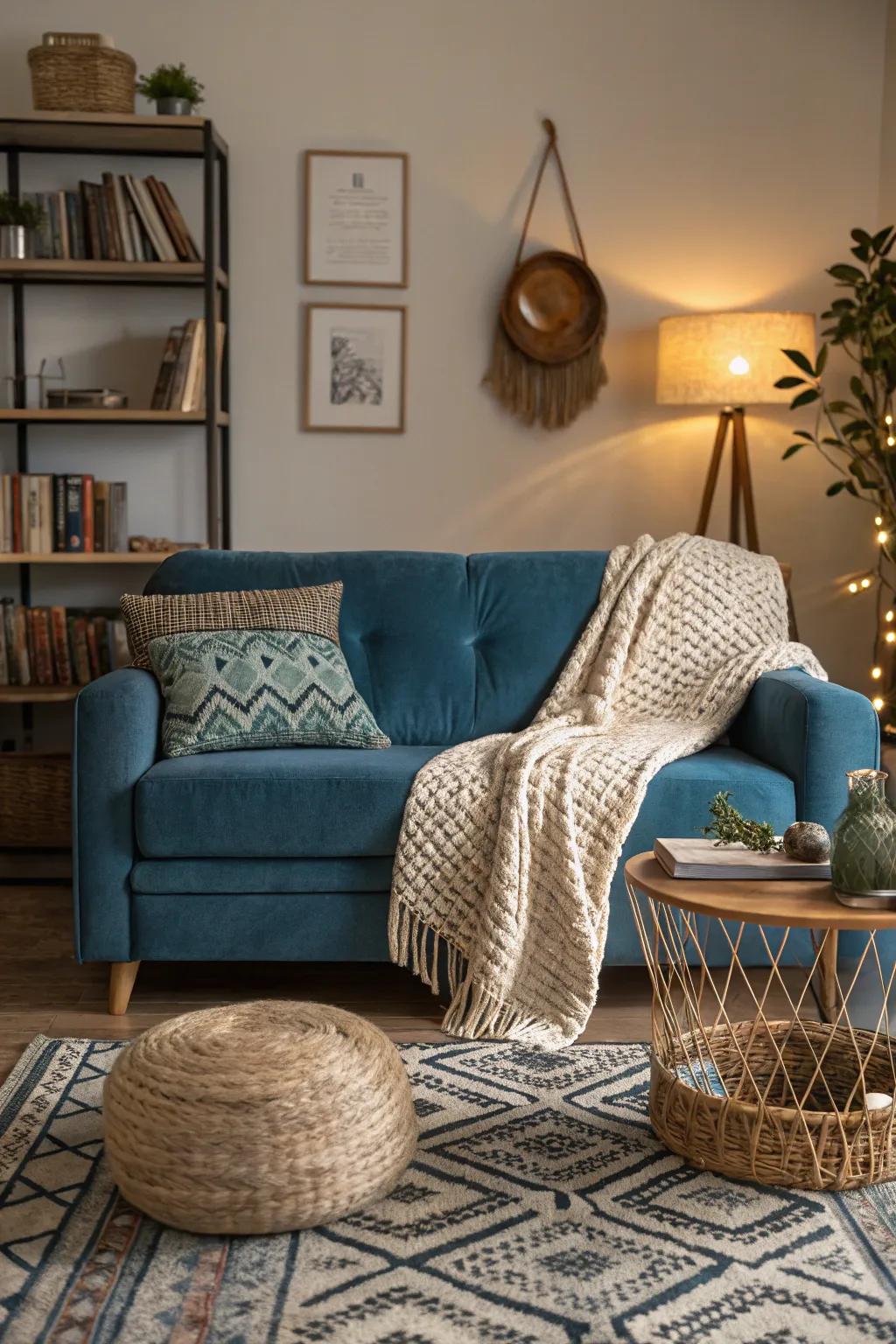 Textures like velvet and wool add depth to a blue couch living space.