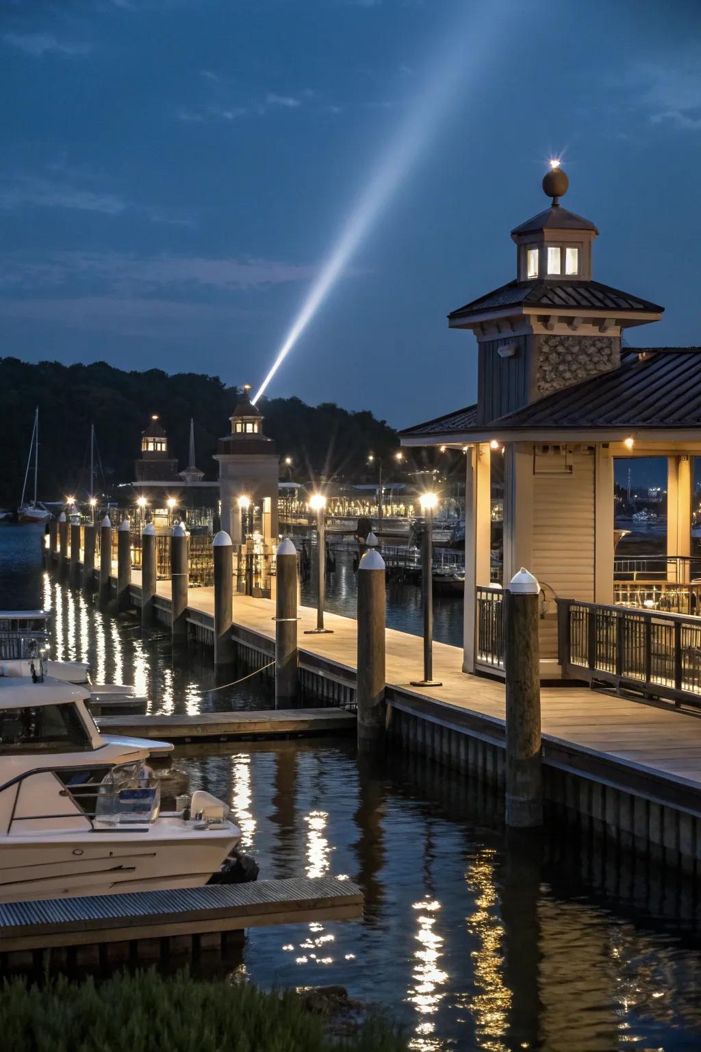 Spotlights highlight the dock's best features.