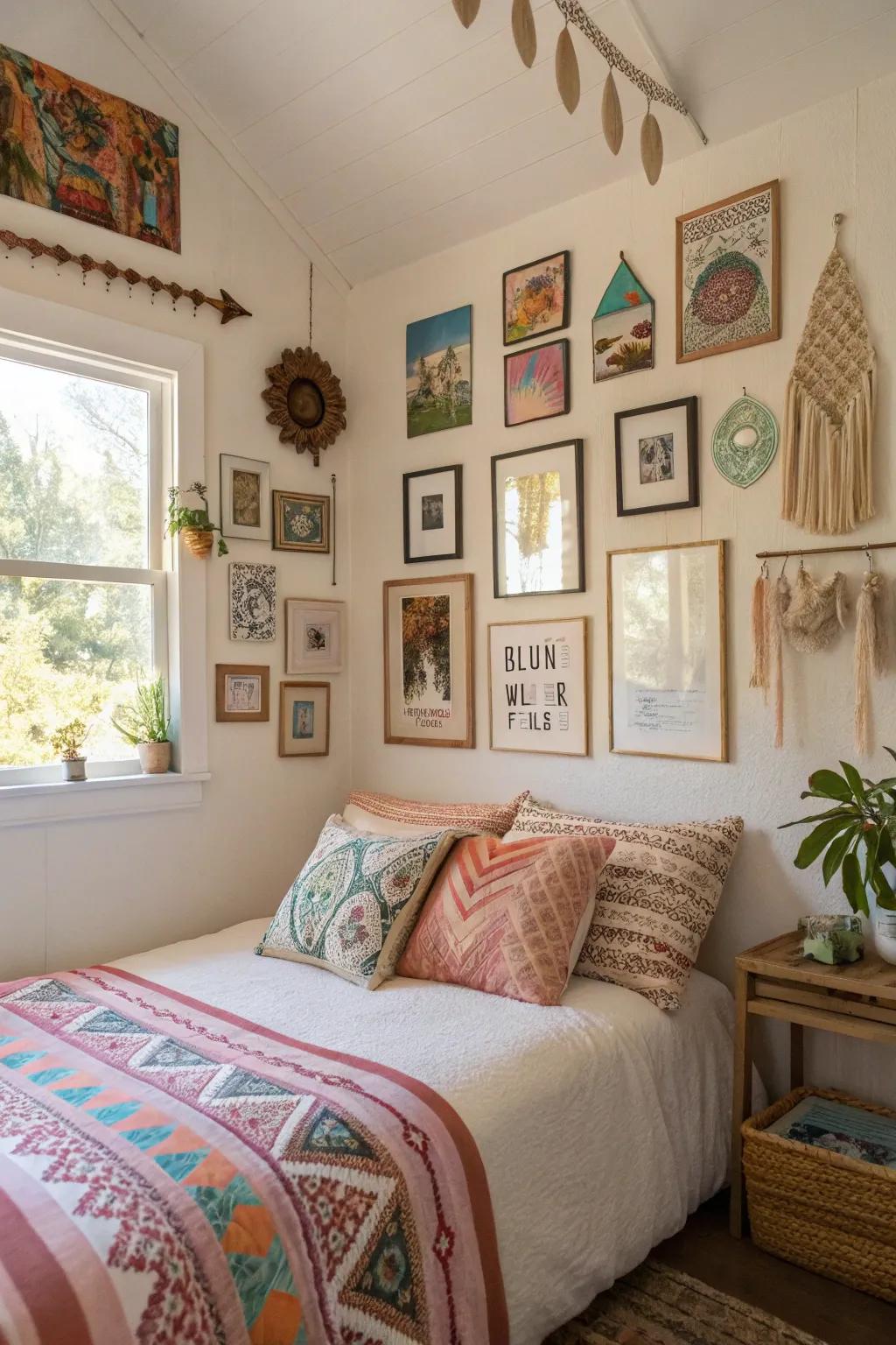 A gallery wall of mixed artwork becomes the focal point in this boho bedroom.