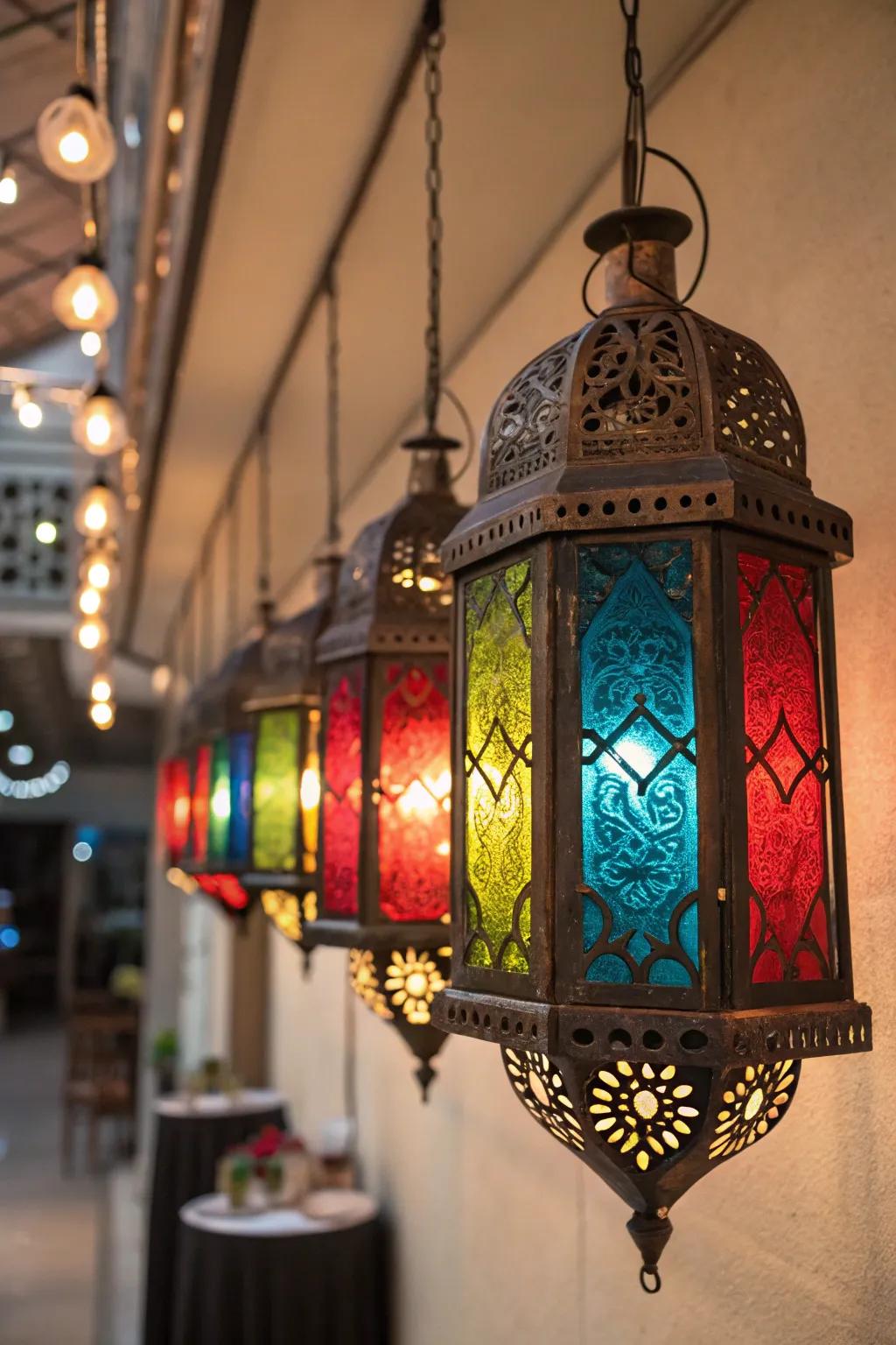 Colorful glass Moroccan lanterns casting vibrant hues.