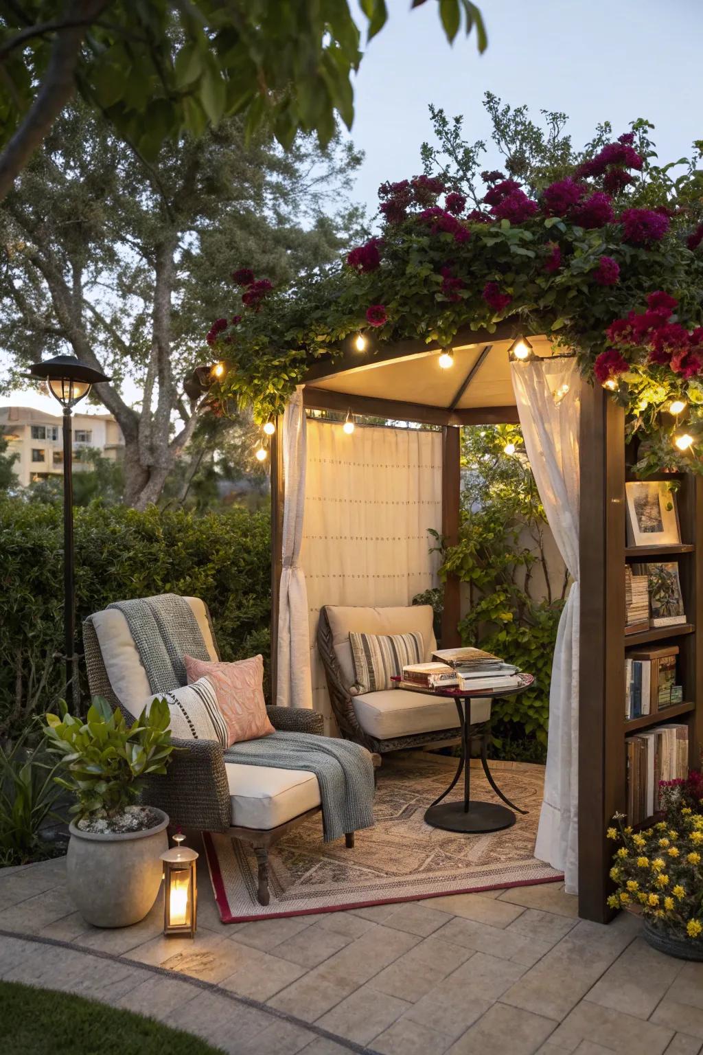 An outdoor book nook offering a serene reading experience.