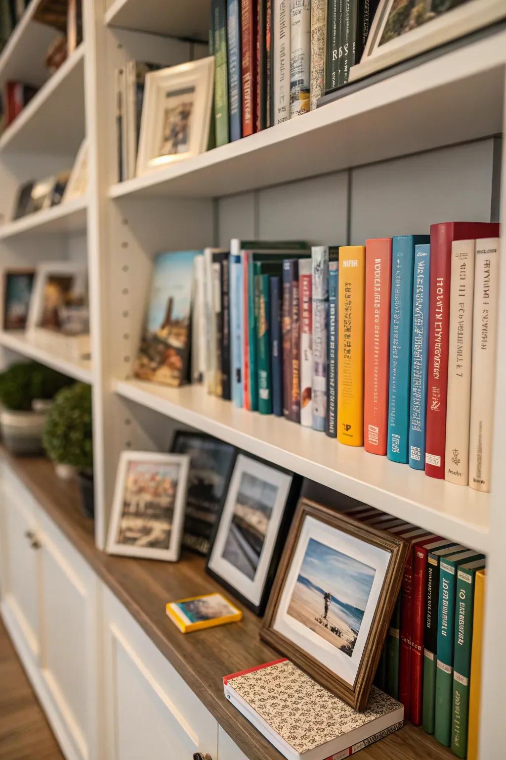 A personalized bookshelf featuring cherished mementos and books.