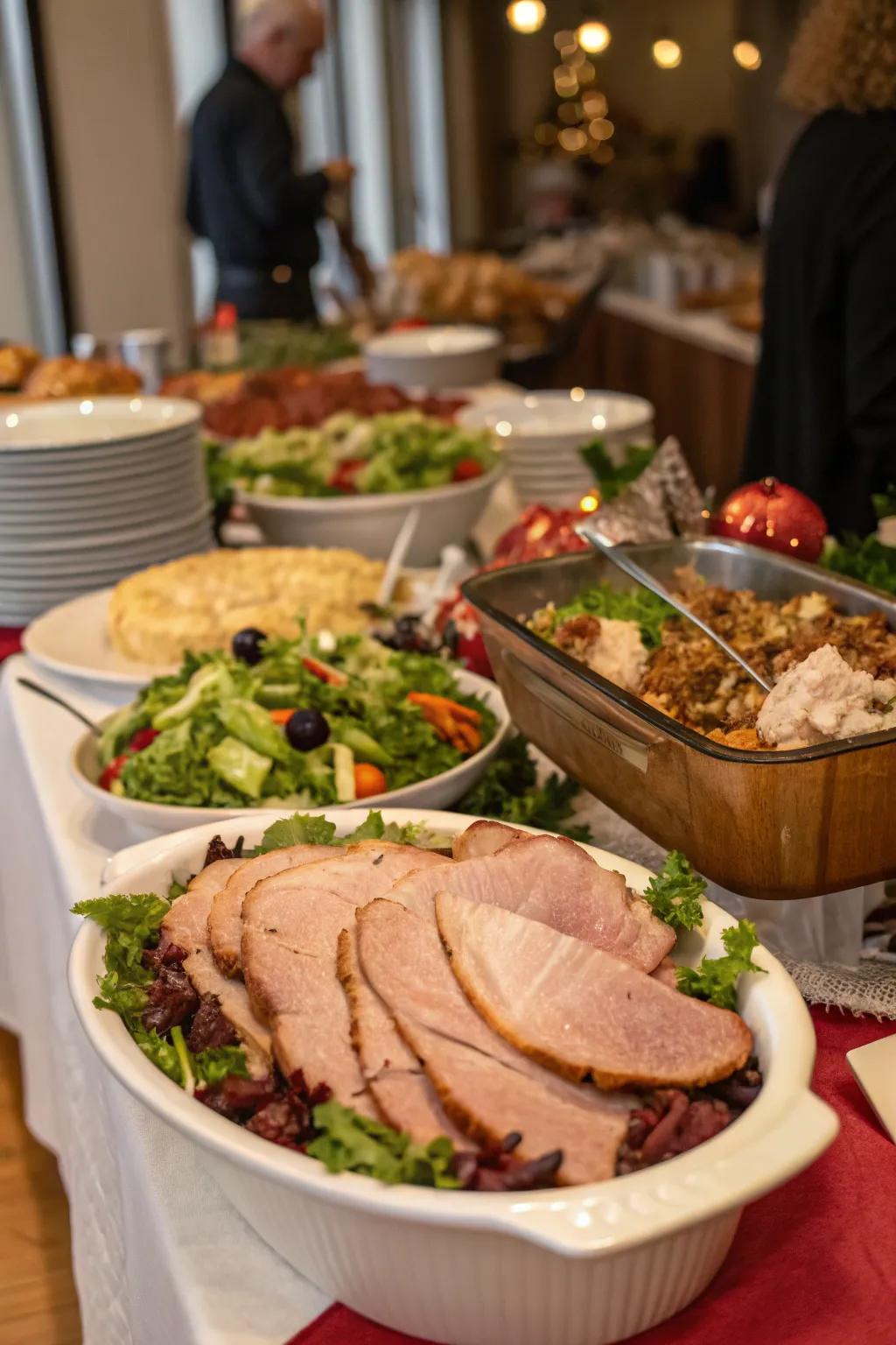 A buffet table featuring holiday leftovers and fresh salads.