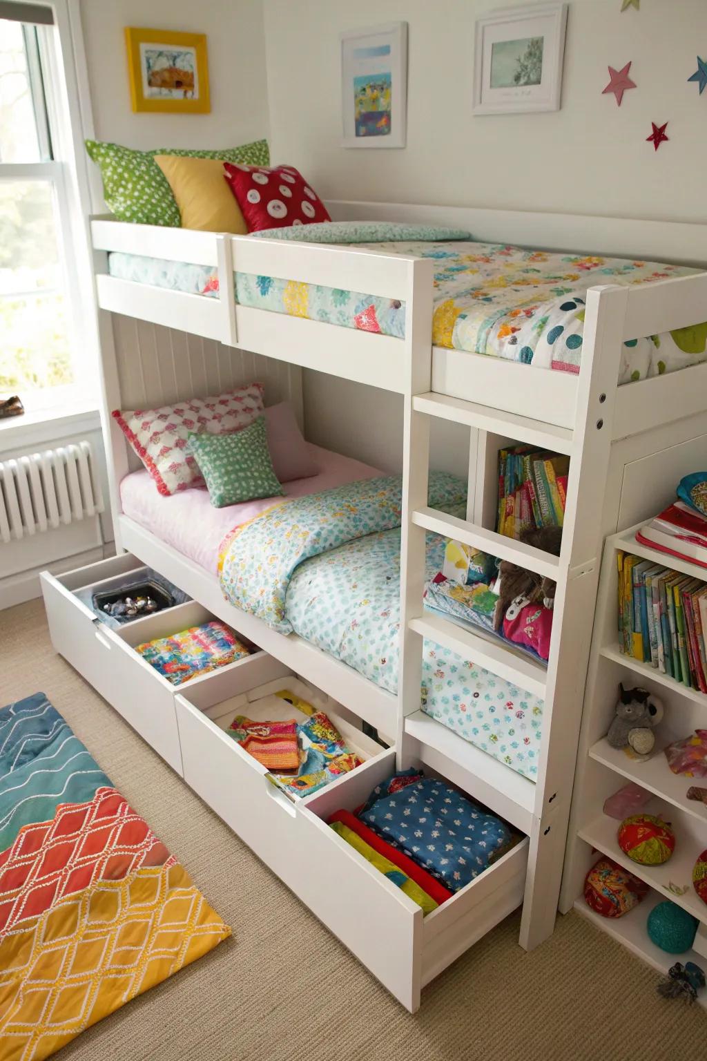 Under-bed storage keeps the shared room neat and organized.