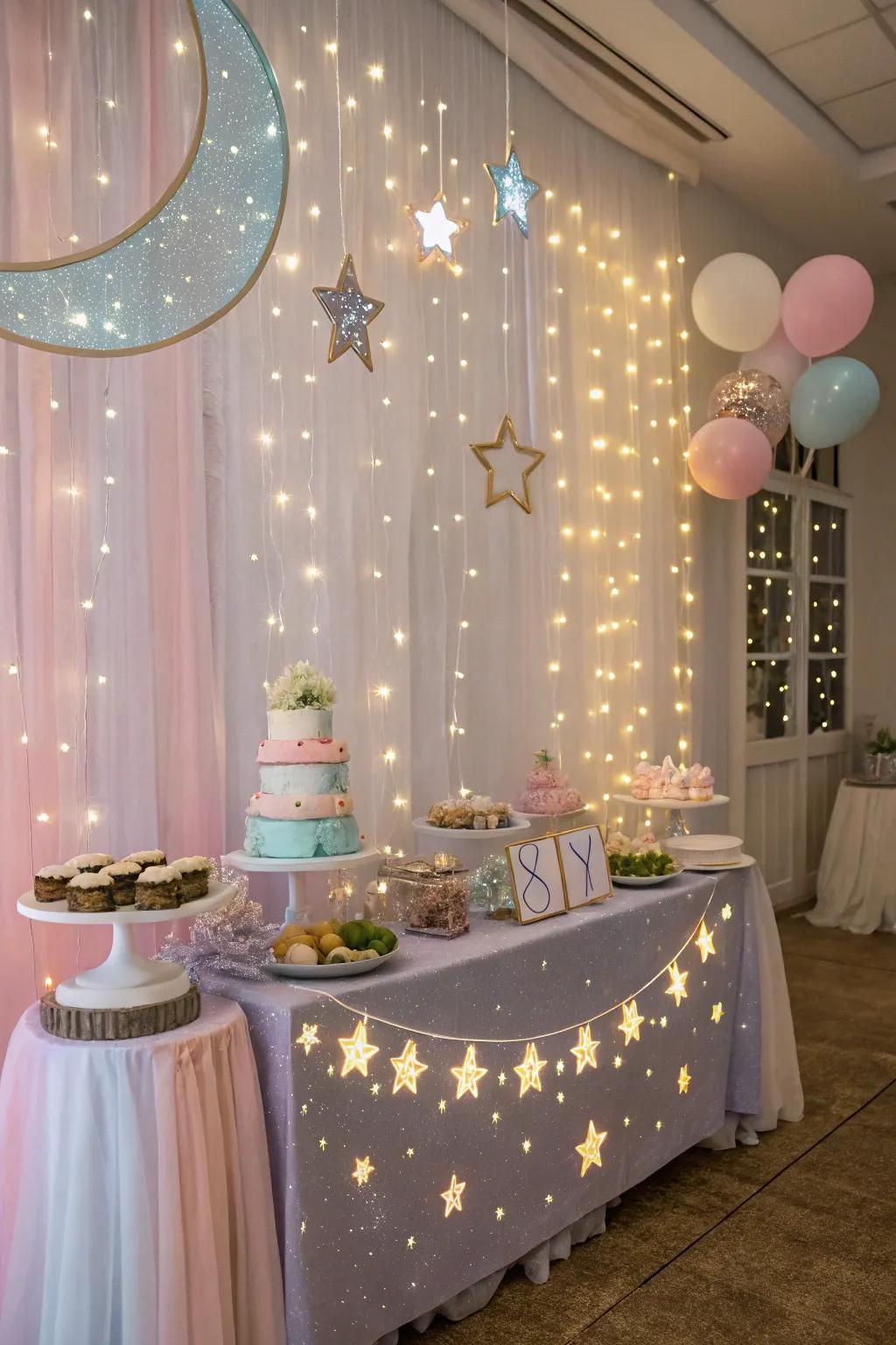 Star-themed baby shower with celestial accents and soft lighting