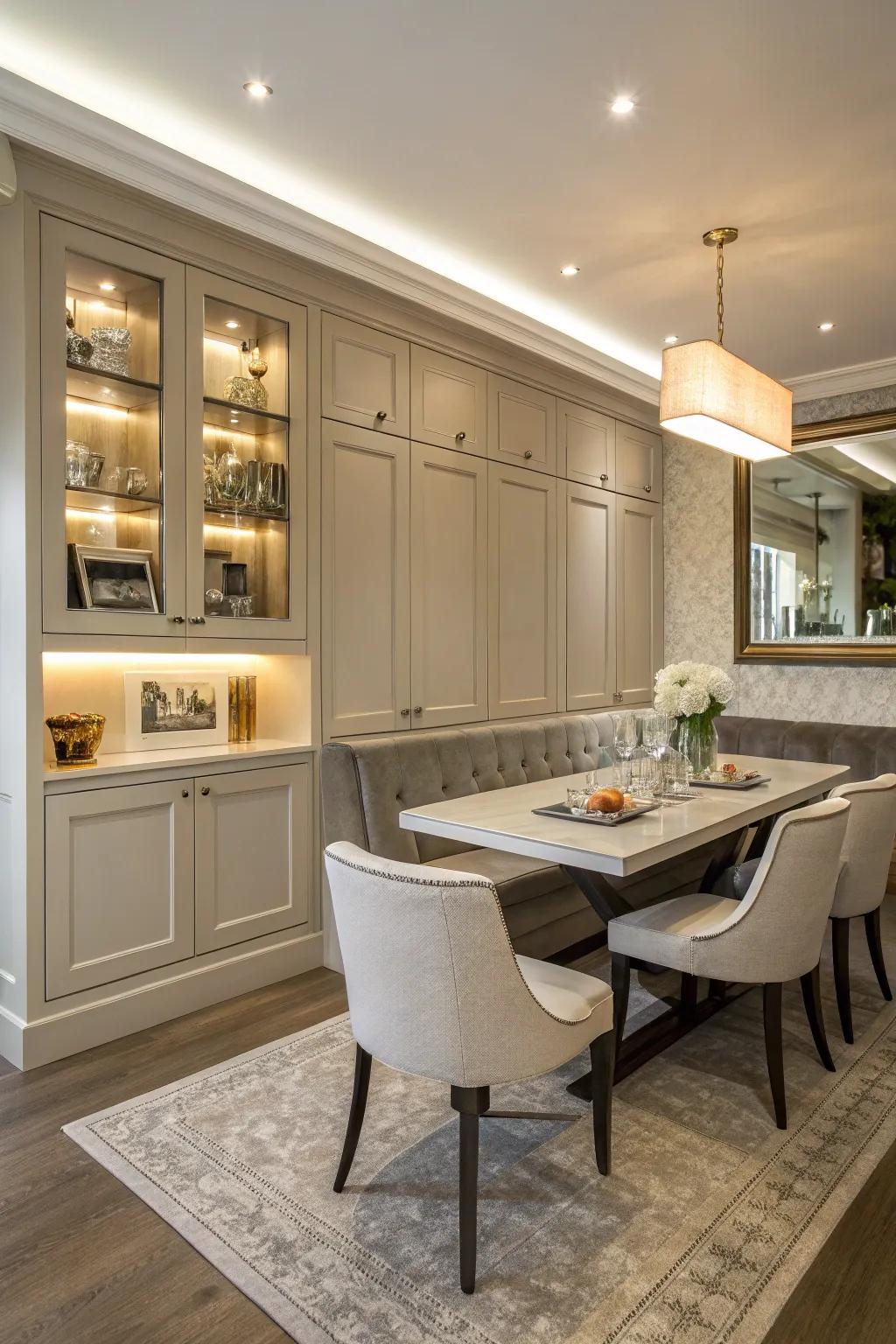 Dining table integrated with surrounding built-in cabinets for a seamless look.