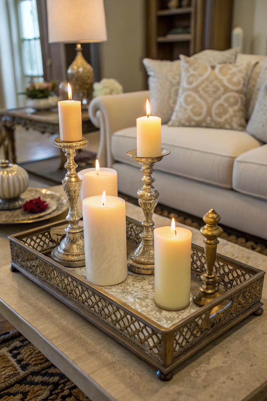 Sophisticated candle display on a decorative tray.