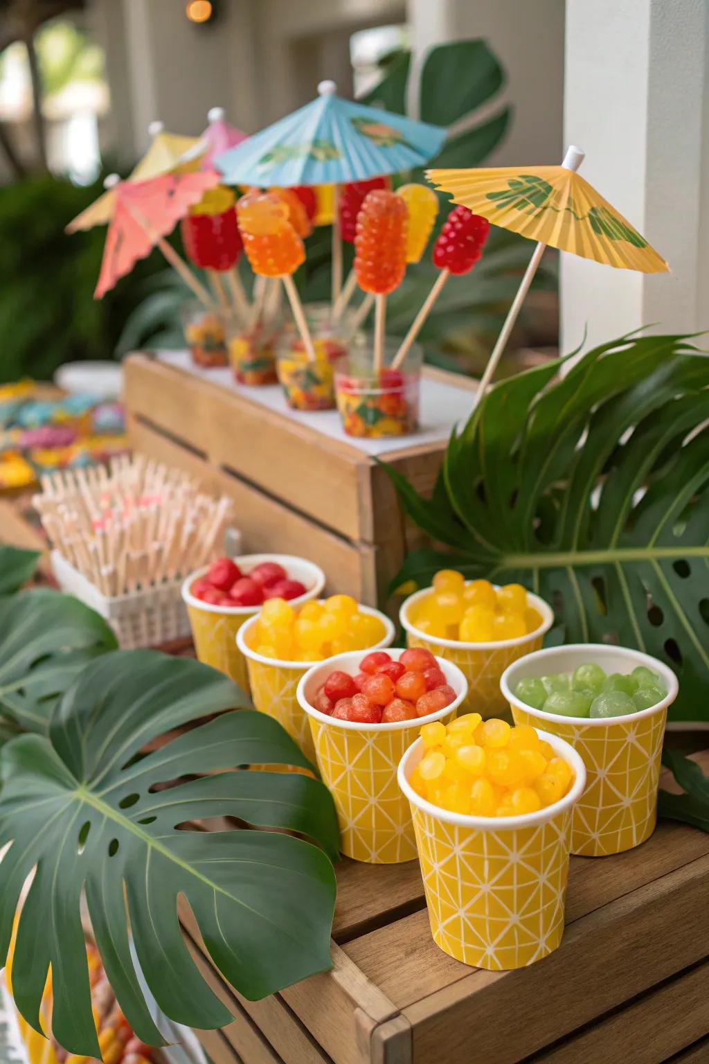 Tropical paradise candy bar with bright colors and exotic flavors.