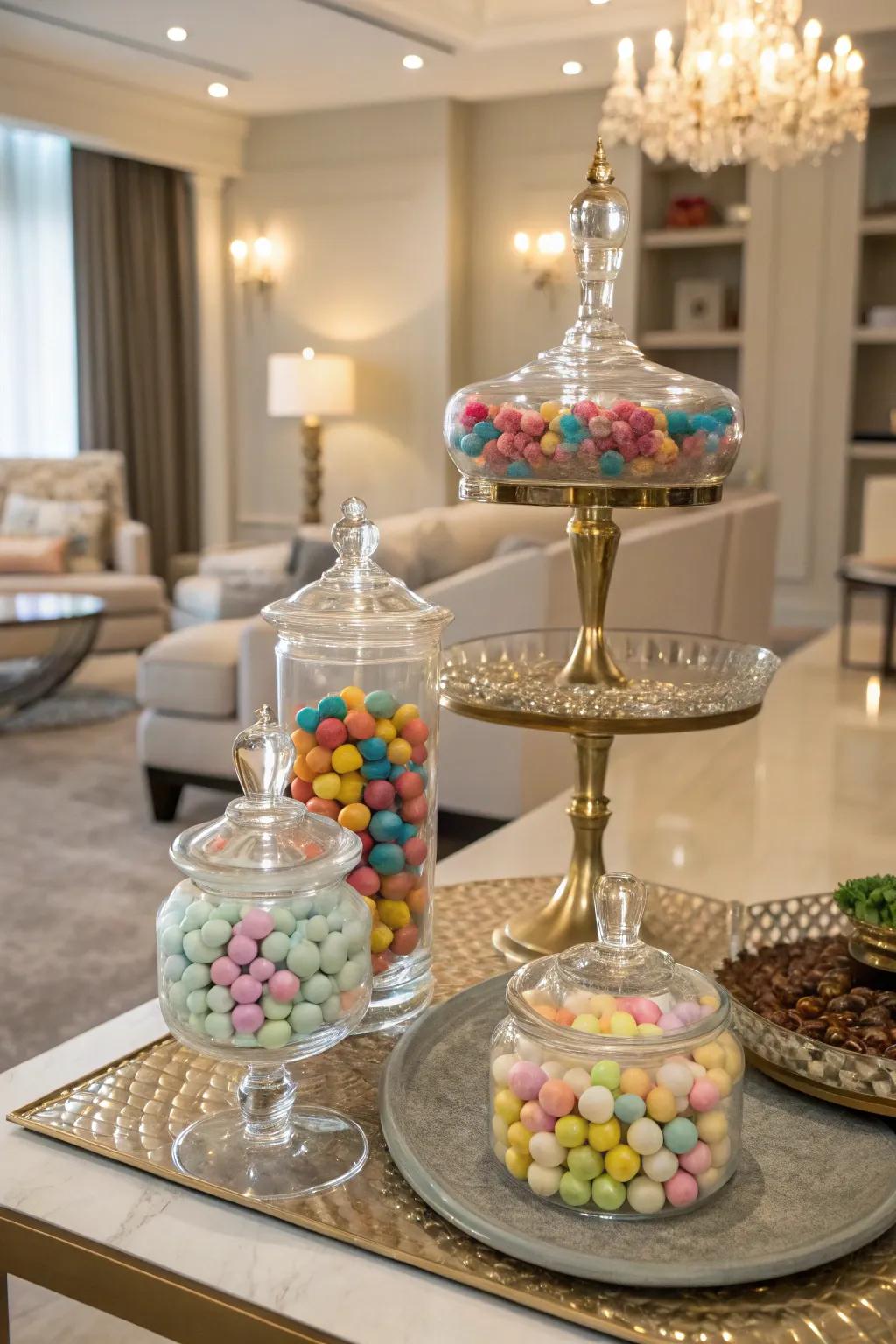 Elegant glass jars and trays that highlight the candy display