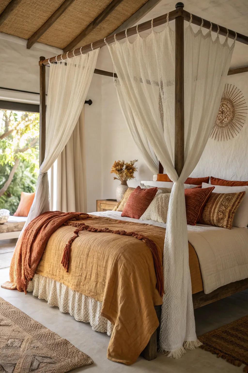 A cozy canopy nook with layered bedding and warm colors.