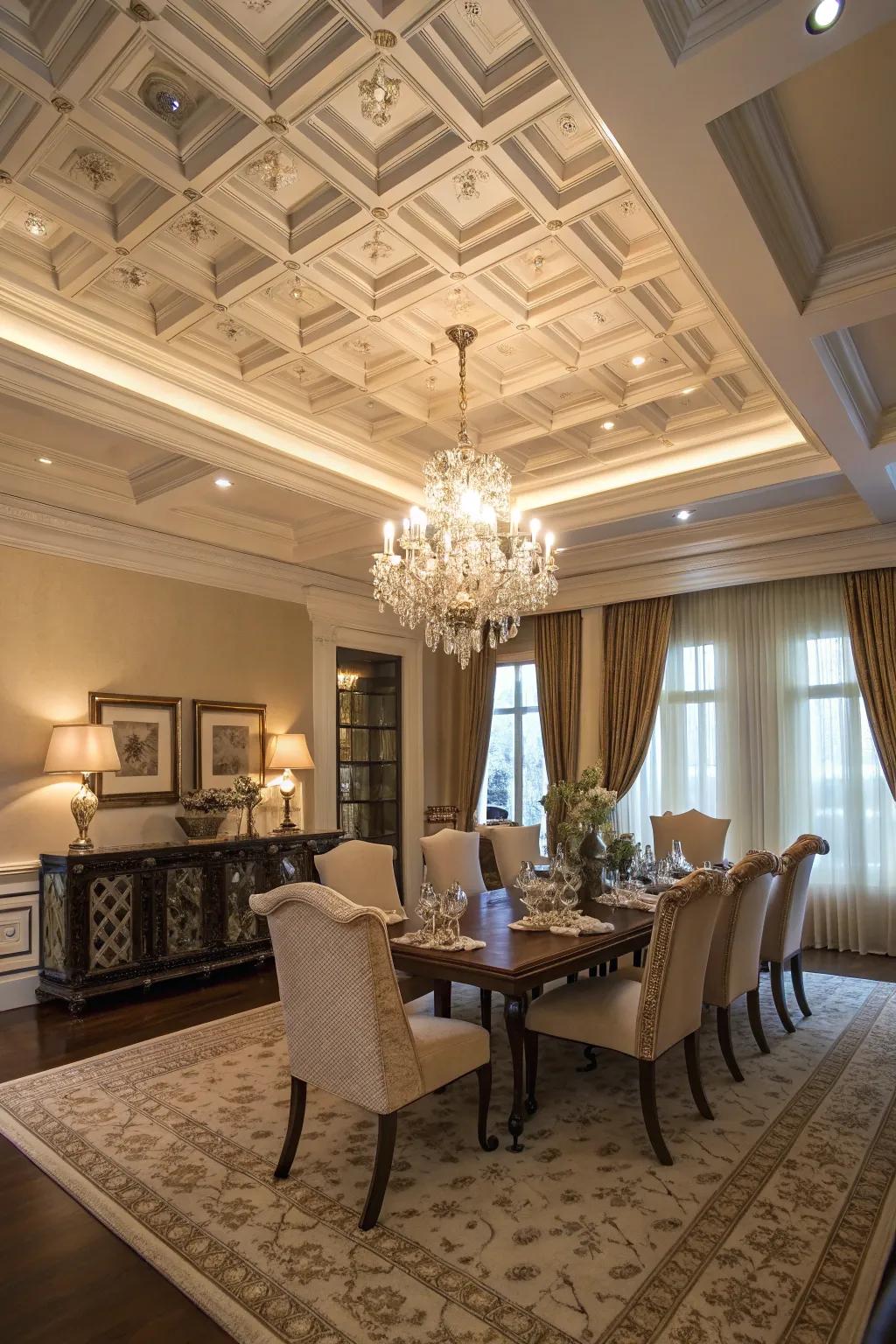 An elegant dining room with a dramatic coffered ceiling.