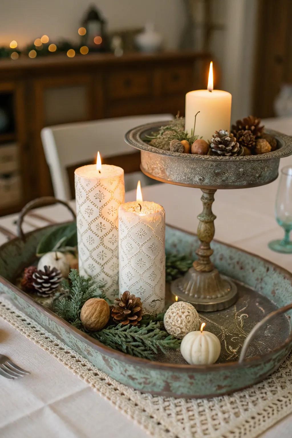 Vintage charm with a tray centerpiece base.