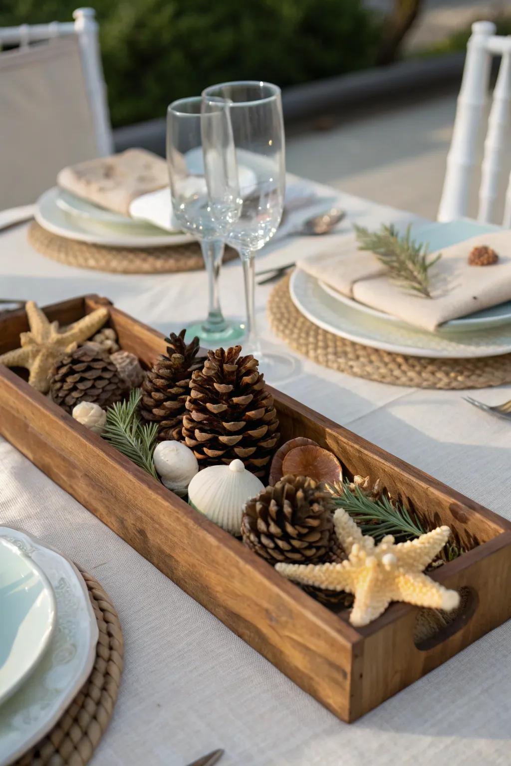 Wooden trays filled with natural elements enhance coziness.