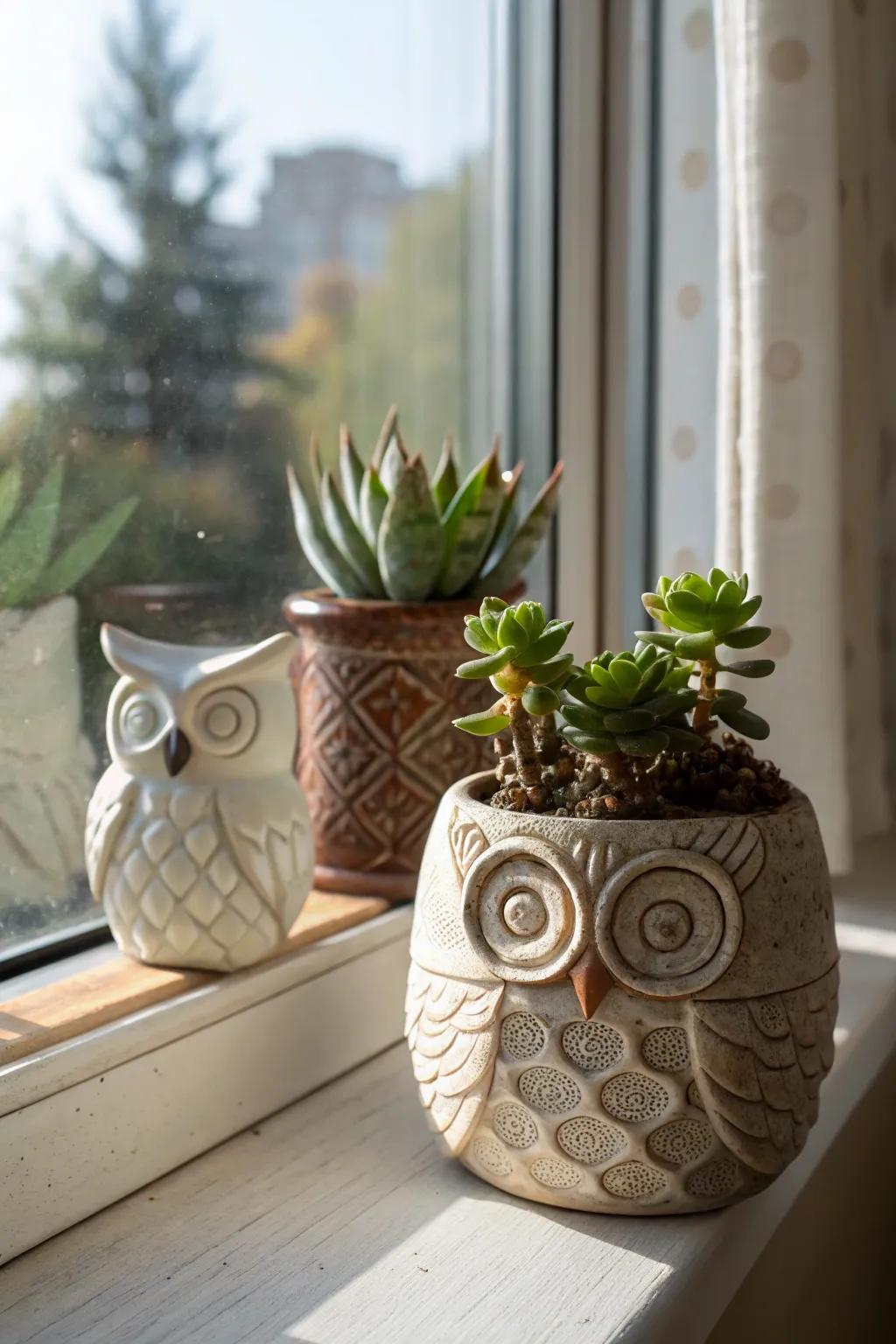 Whimsical owl planters bring life to your plant display.