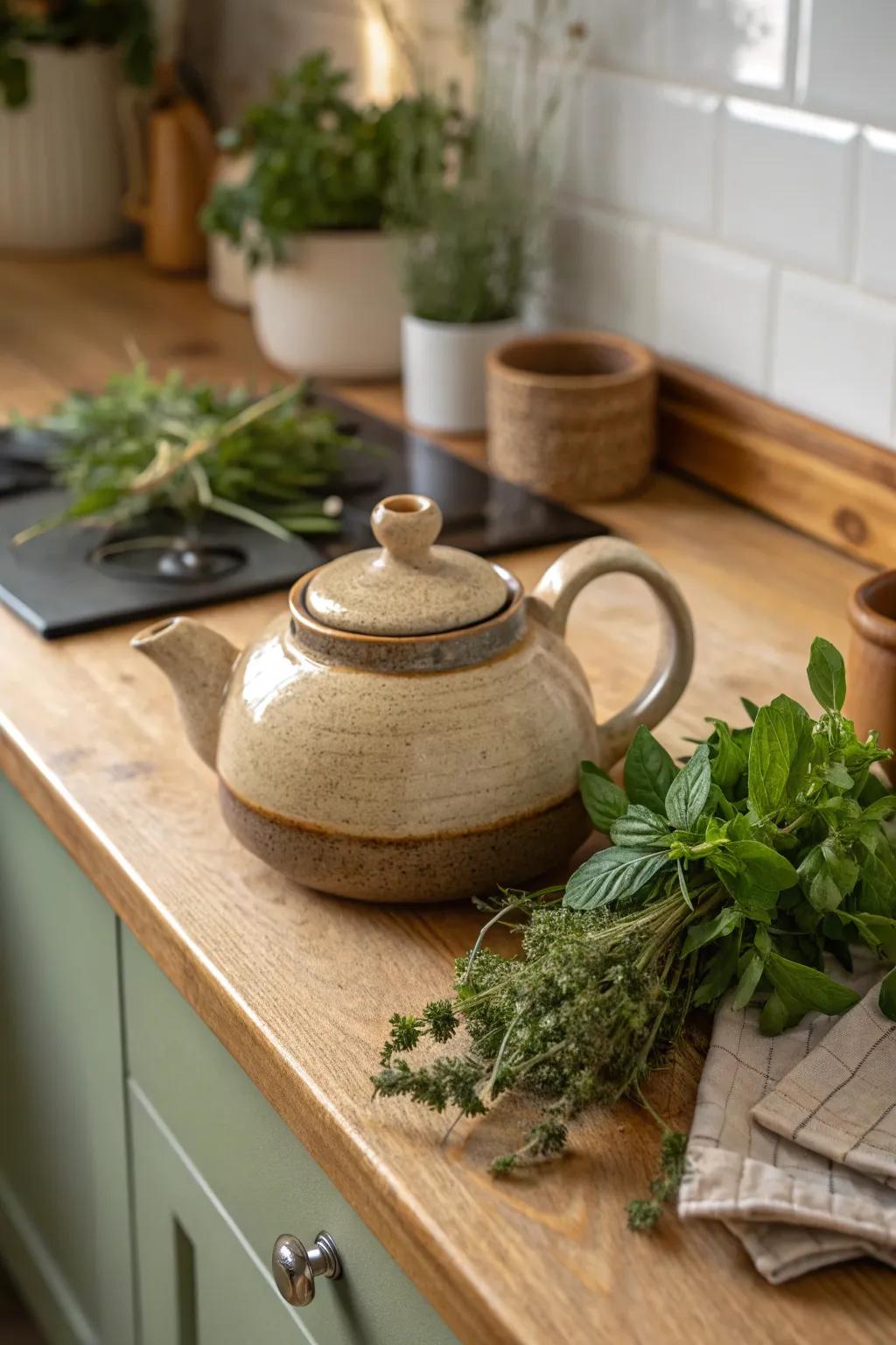 Earthy tones create a calming and organic feel for this teapot.