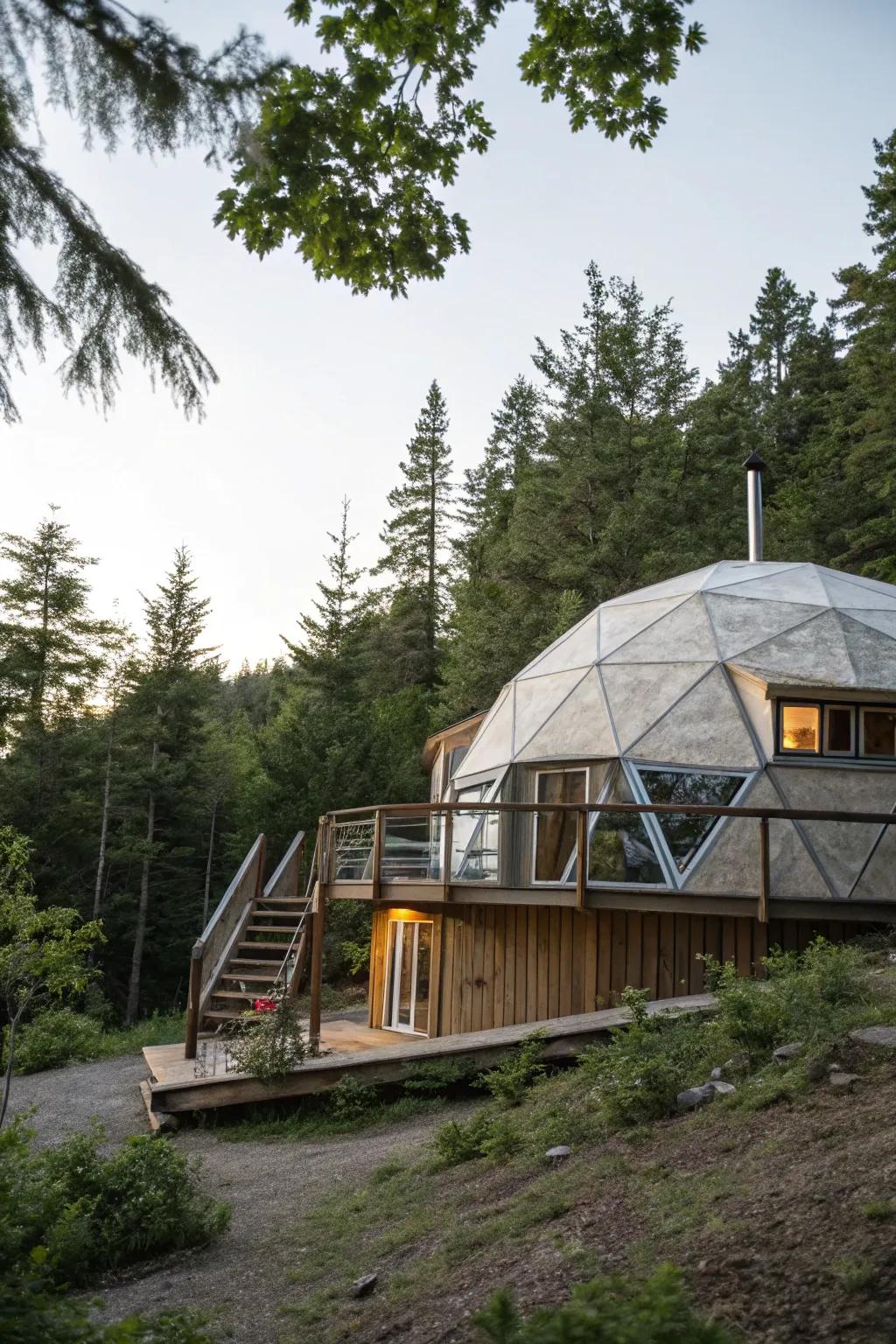 Geodesic dome home blending beautifully with its natural surroundings.