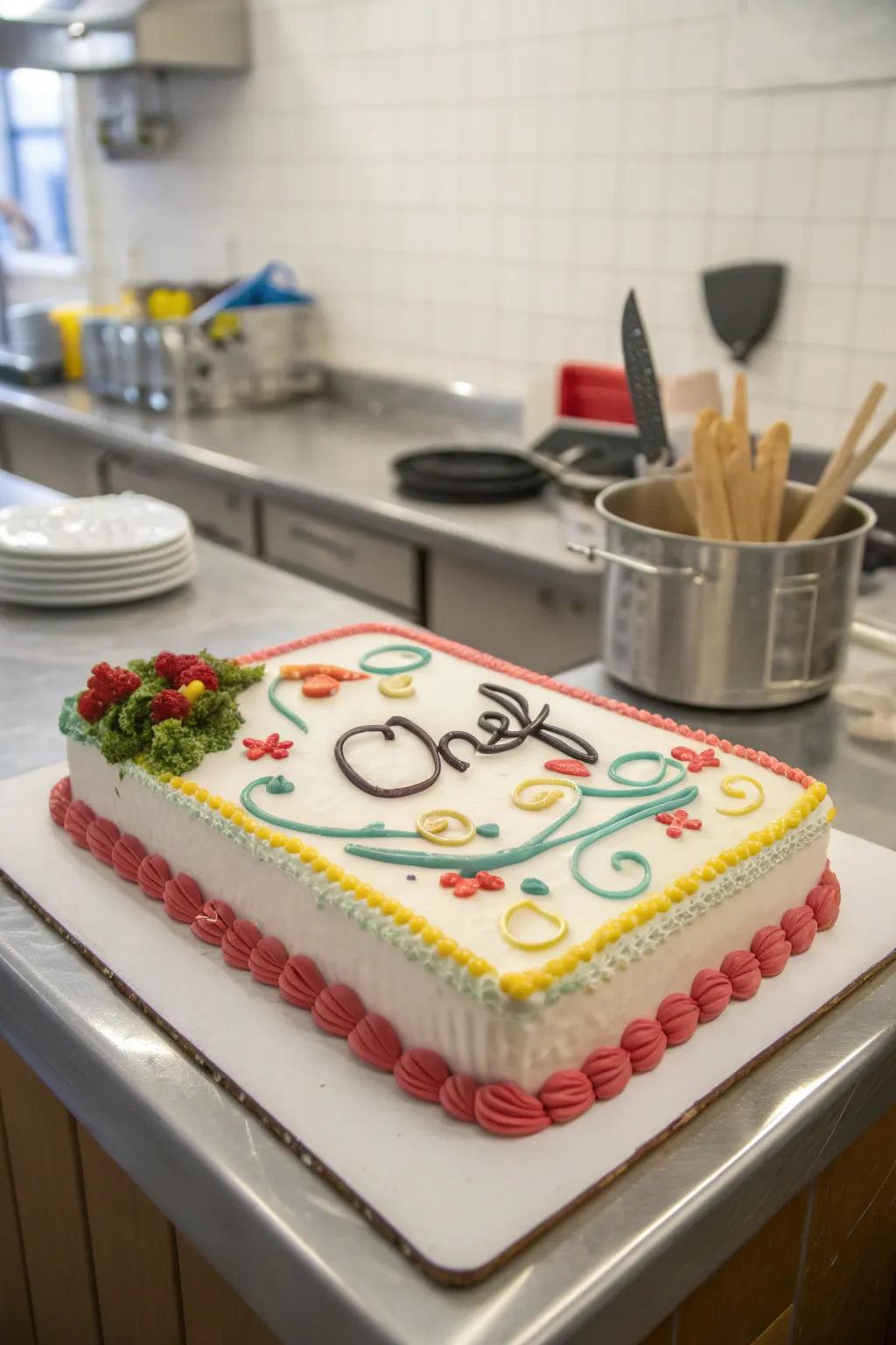 A cake featuring a personalized message perfect for any budding chef.