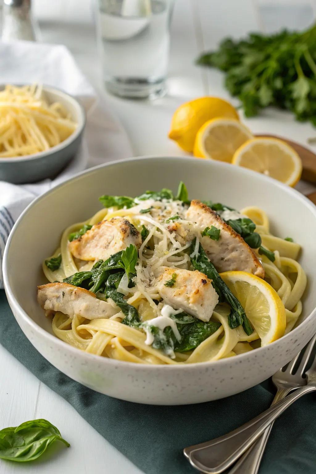 Chicken and spinach pasta with a refreshing lemon cream sauce.