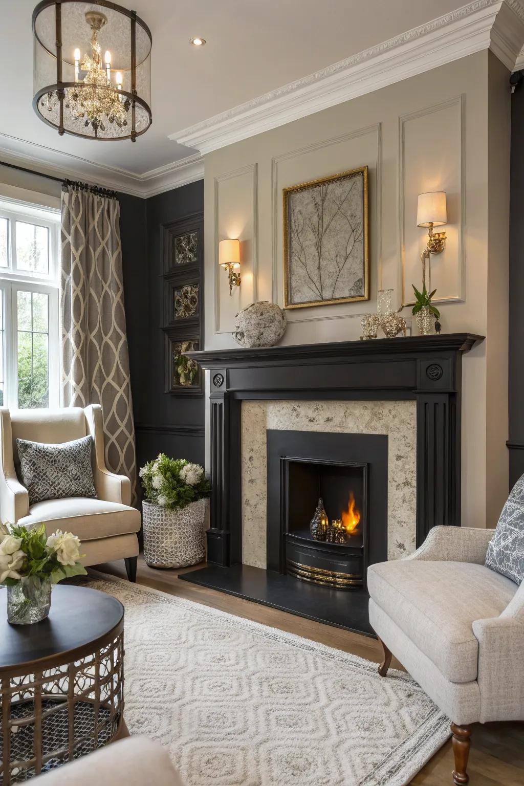 A contrasting mantel adds depth and interest to this chic chimney design.