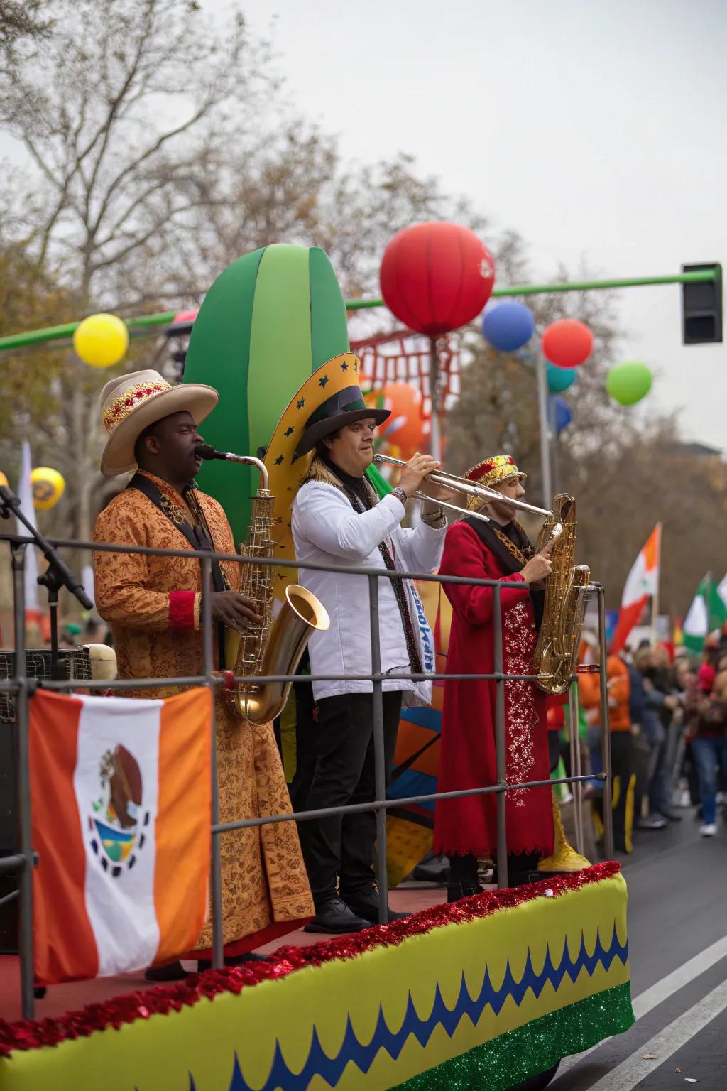 Joy to the World float with multicultural musicians spreading holiday music.