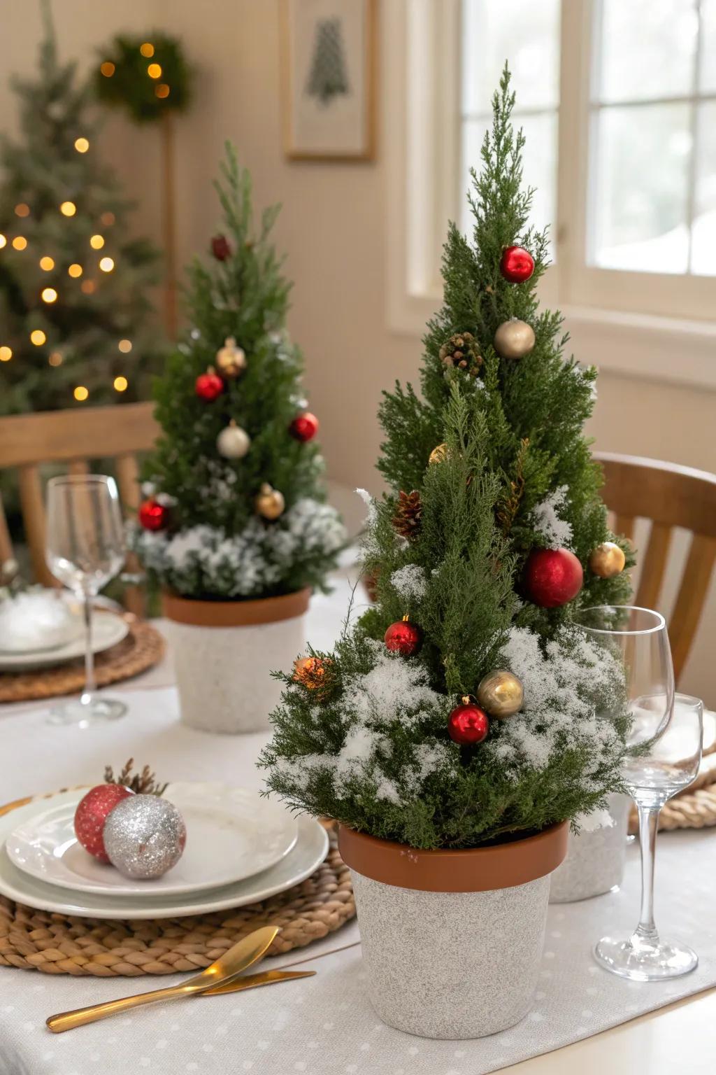 Mini Christmas trees create a playful and festive display.