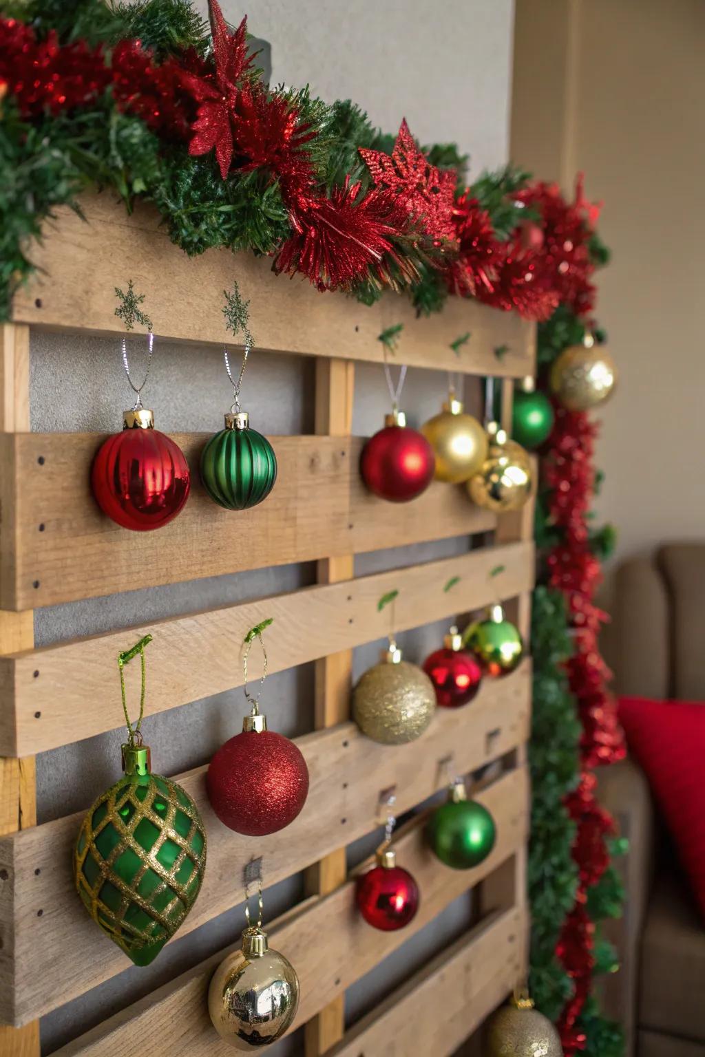 Showcase your ornaments with a pallet display.