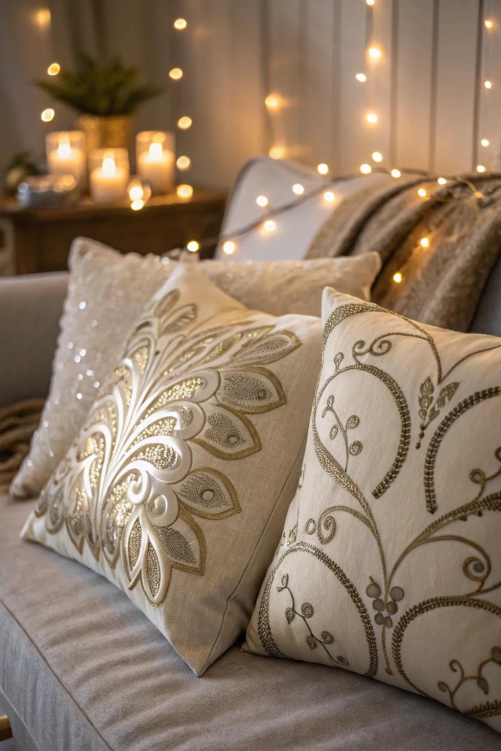 Neutral pillows with a touch of sparkle for an elegant holiday look.