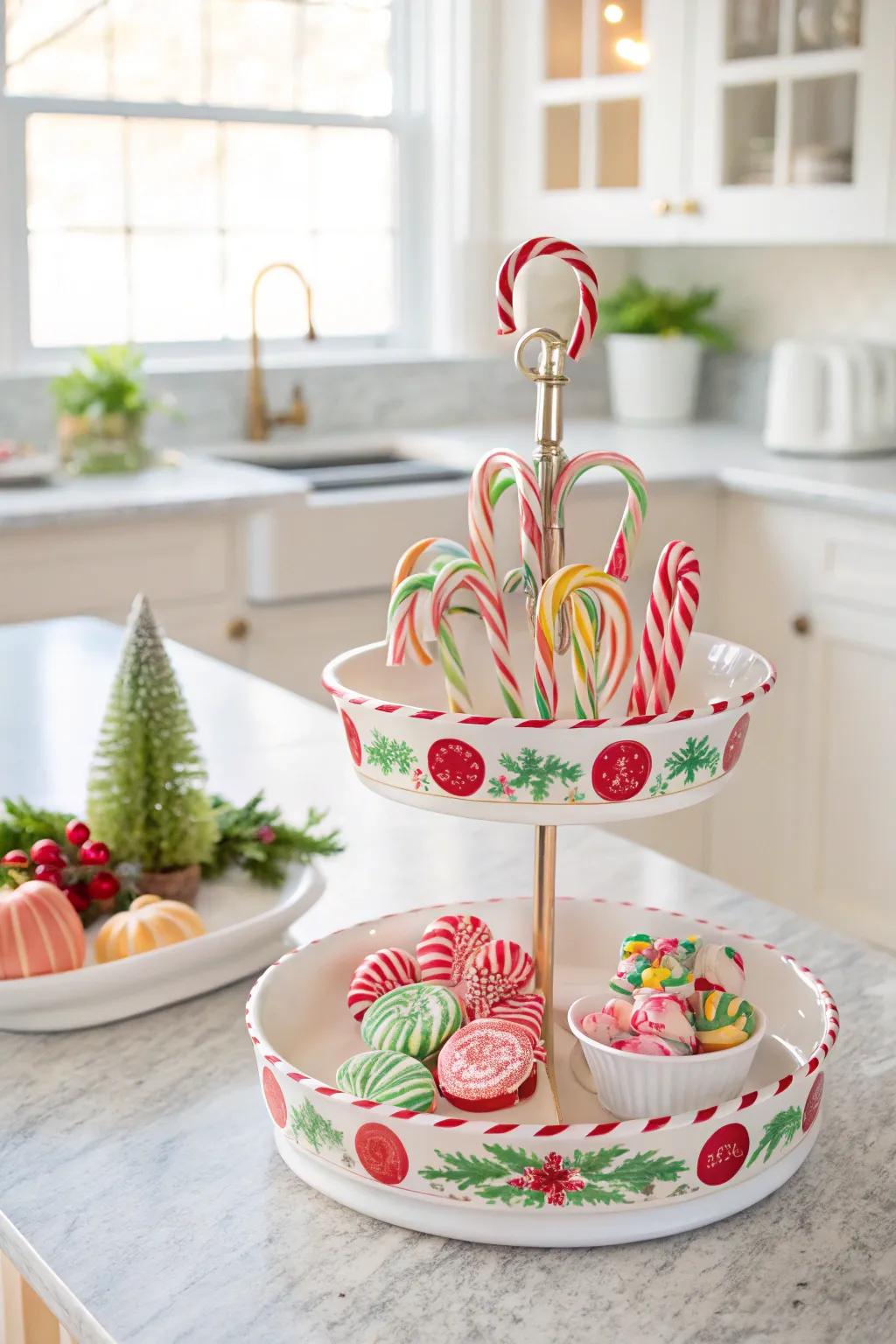 Sweet candy cane charms adorn this cheerful tiered tray.