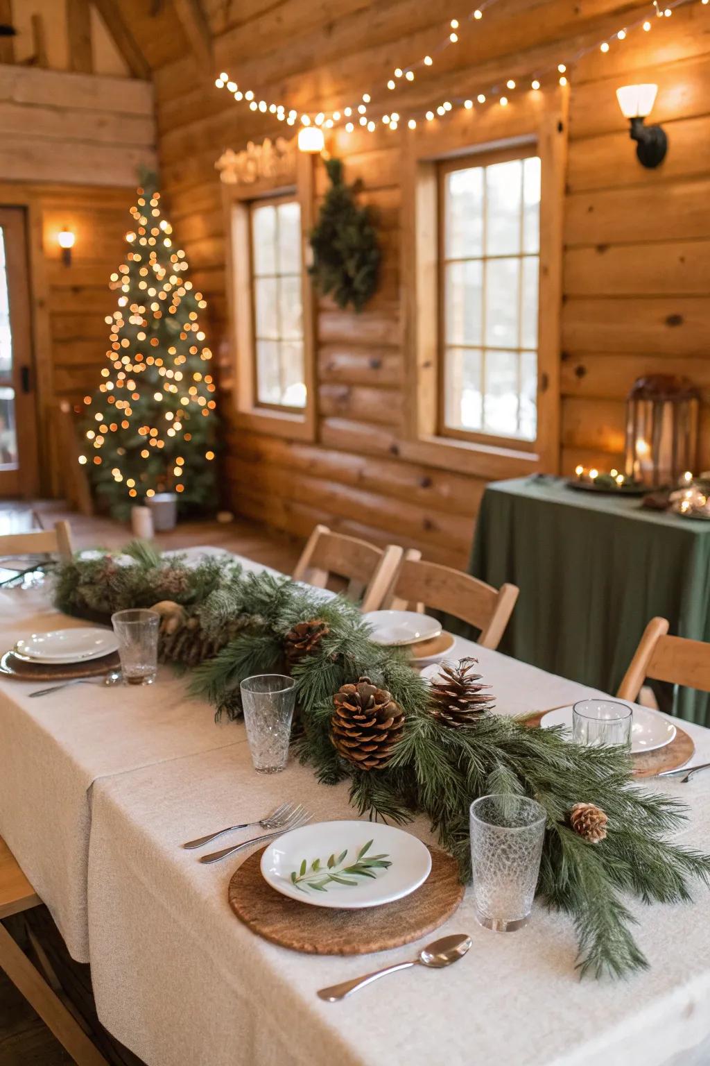 Rustic charm with pinecones and evergreens.