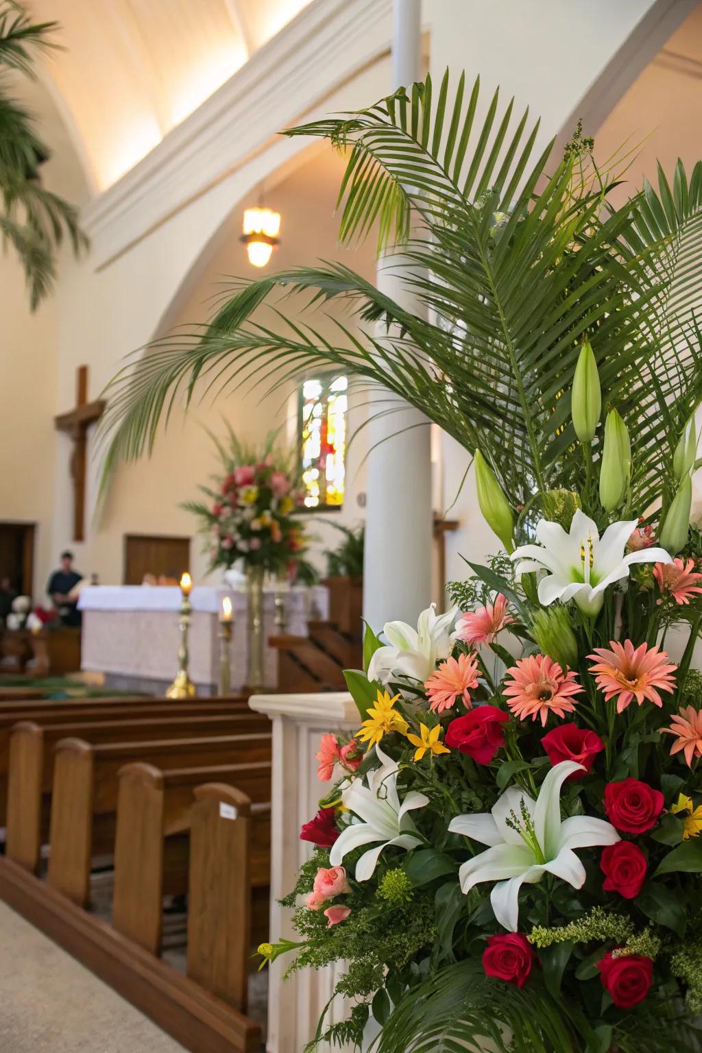 Vibrant floral accents complementing palm arrangements.