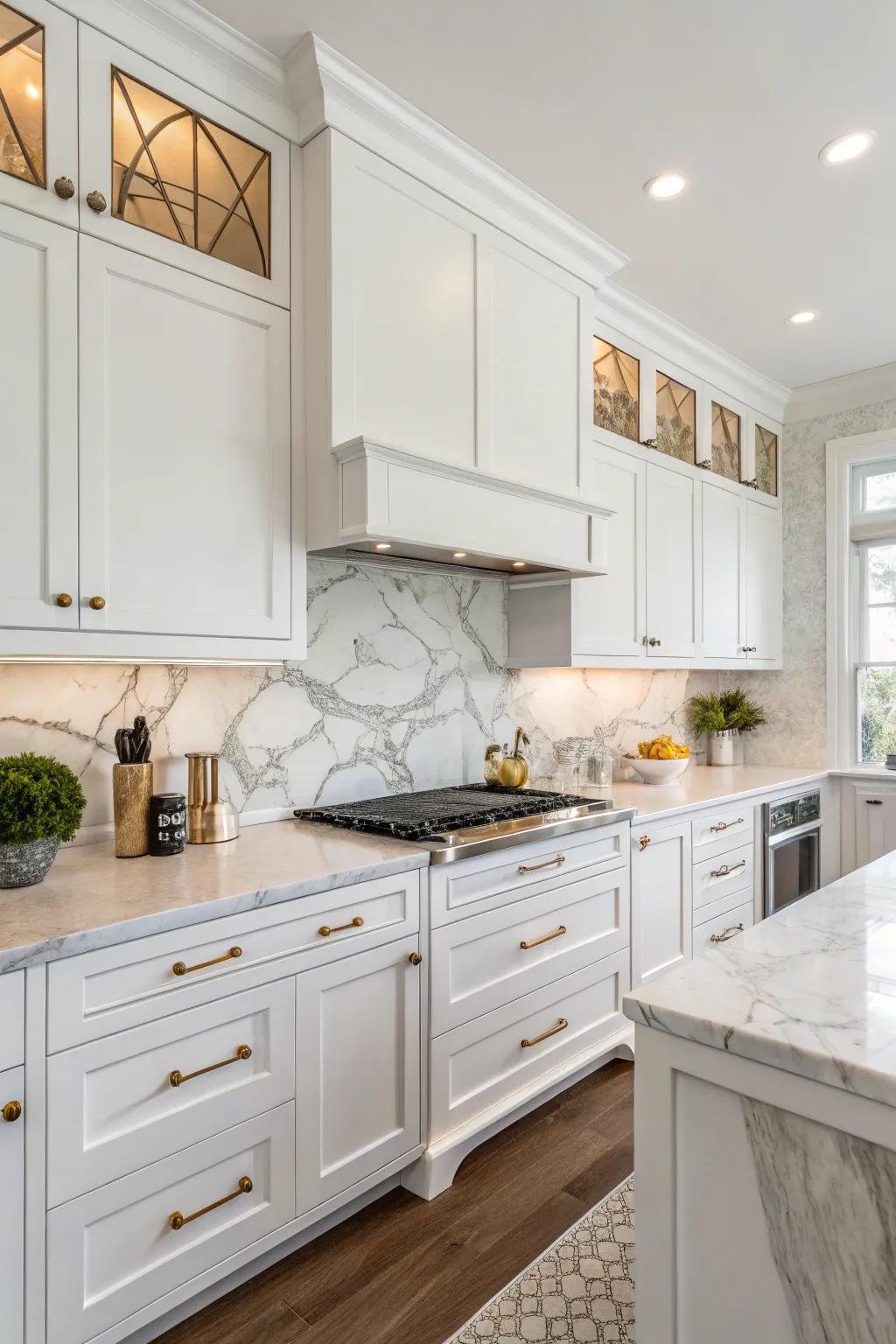 Elegant marble backsplash enhances the luxury of this kitchen.