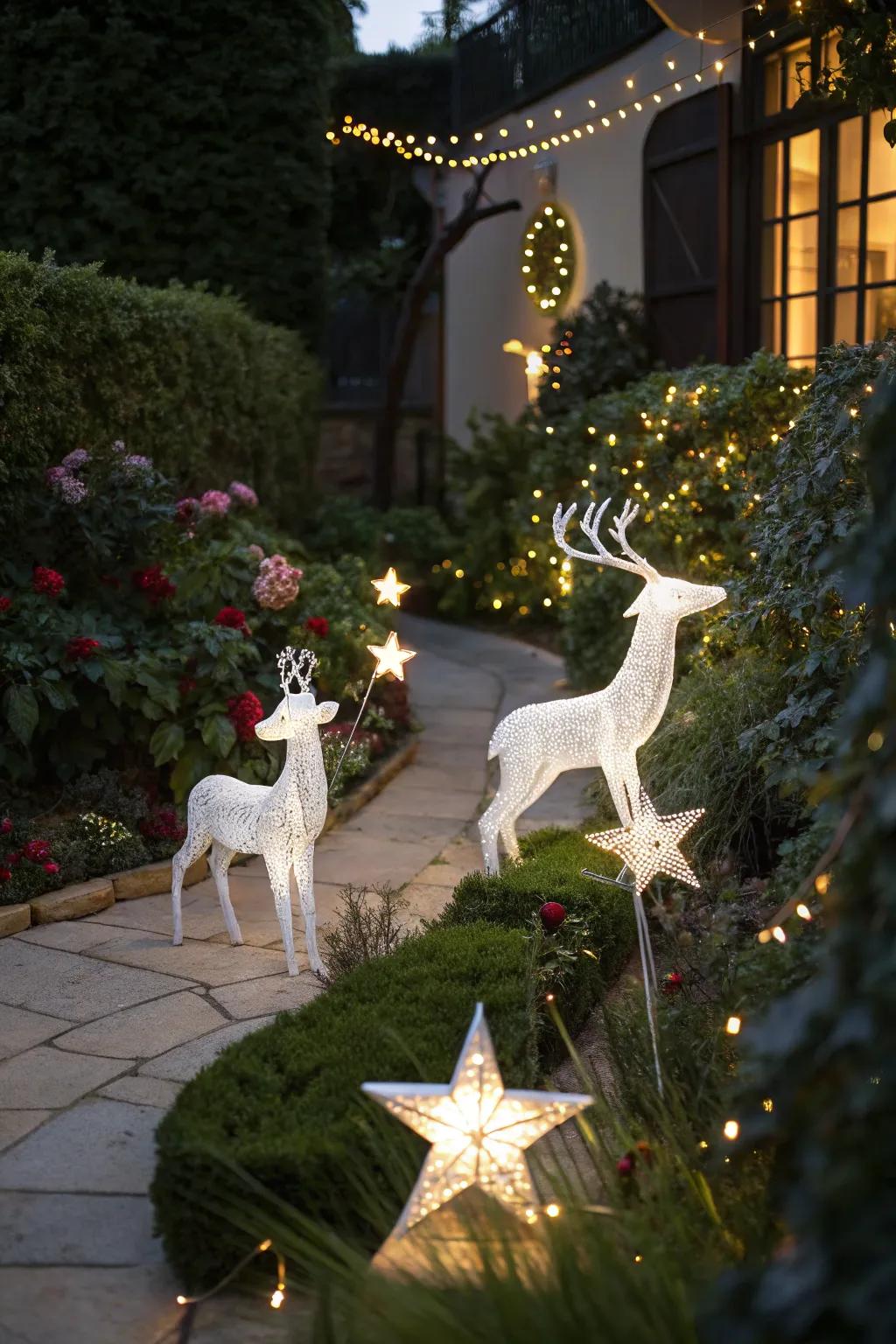 Decorative accents with reindeer and stars in the garden.