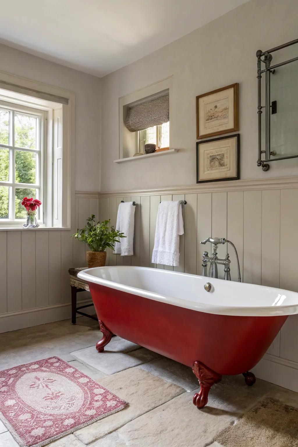 A bold red tub that makes a powerful statement in a simple setting.