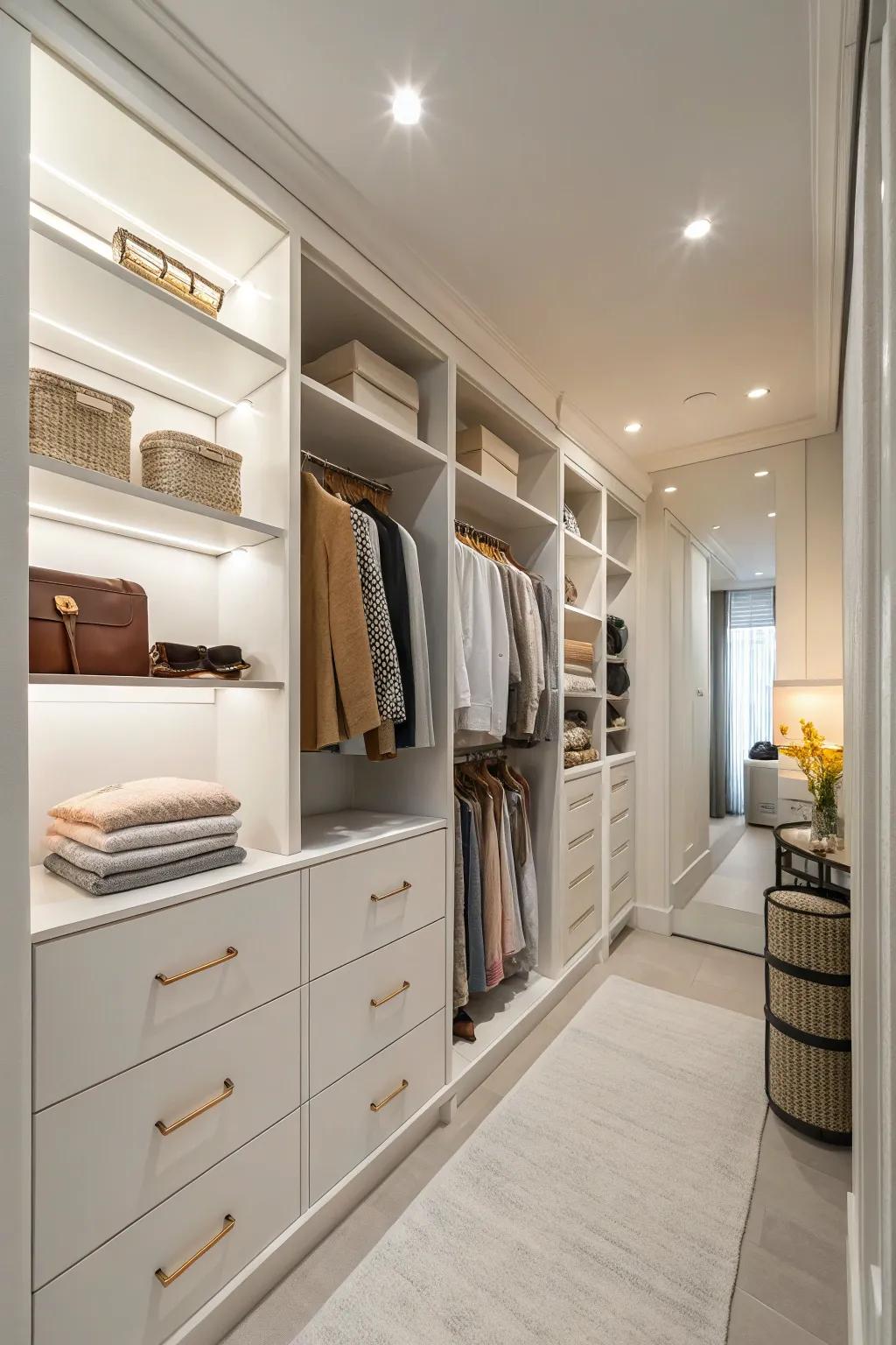 Neutral tones create an airy and inviting closet atmosphere.