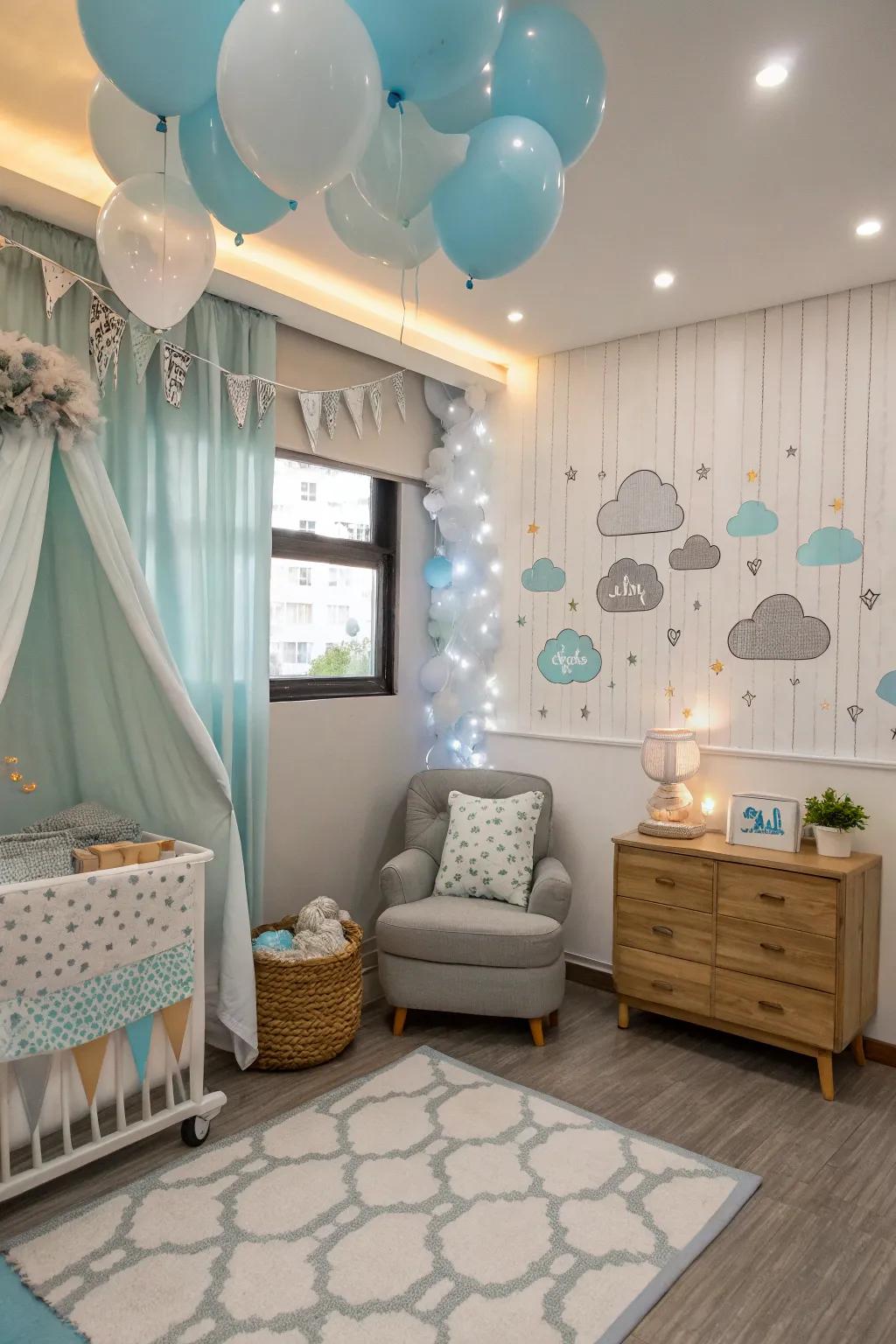 A soft color palette creates a serene and inviting atmosphere, perfect for a cloud-themed baby shower.